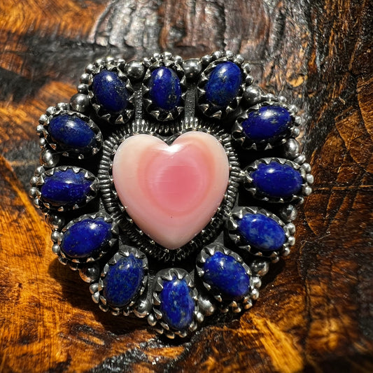 Pink Queen Conch Heart & Lapis Lazuli Statement Ring – Sterling Silver
