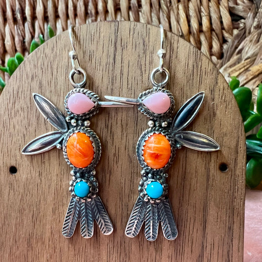 Multi-Stone Hummingbird Earrings – Pink Conch, Spiny Oyster & Turquoise