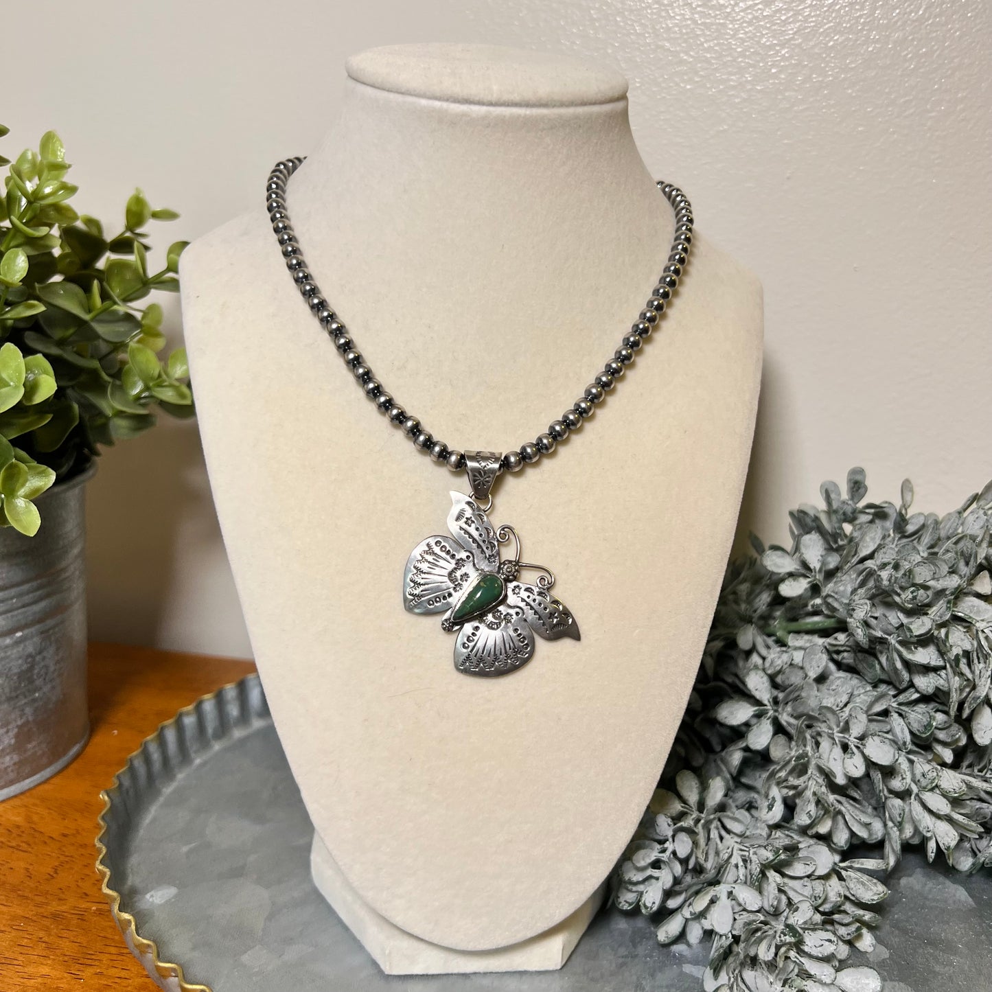 Kingman Turquoise Butterfly–Moth Pendant in Sterling Silver