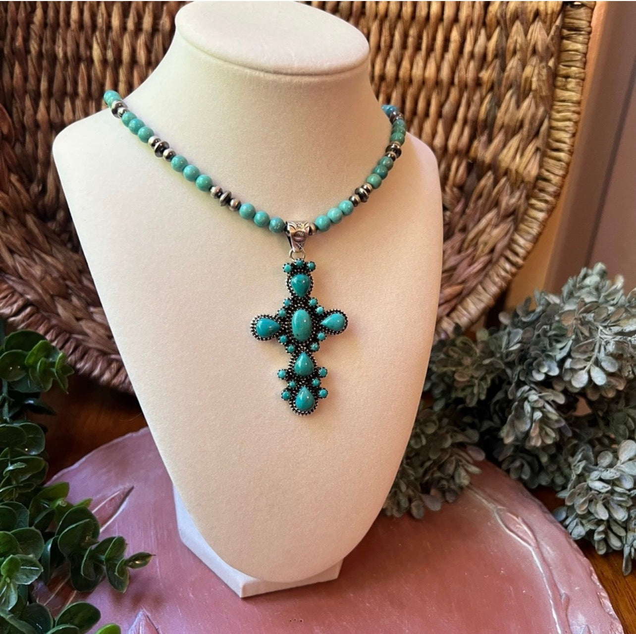 Sterling Silver & Kingman Turquoise Cluster Cross Pendant