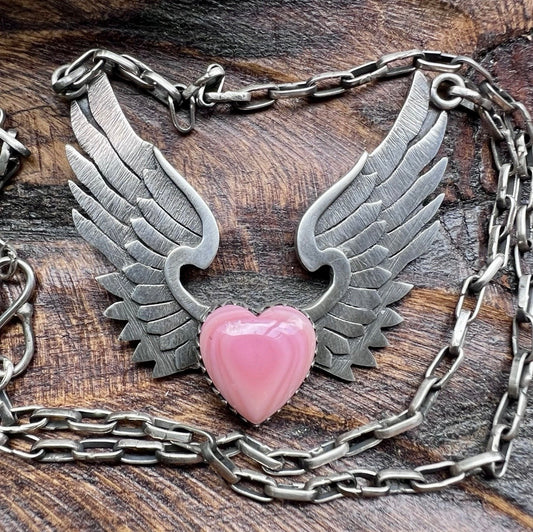 Sterling Silver Queen Conch Heart & Wings Necklace – Handcrafted Southwestern Statement
