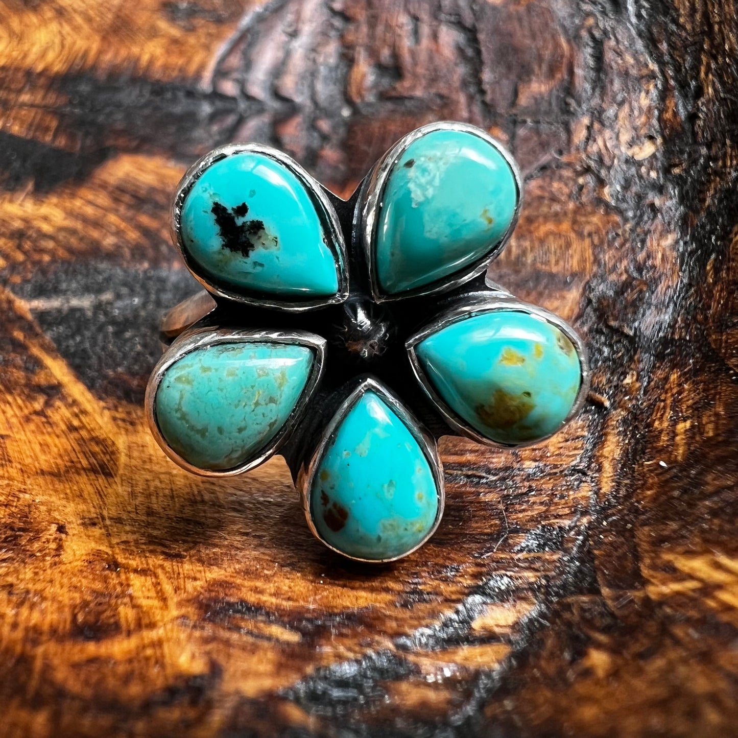 Sterling Silver & Kingman Turquoise Flower Ring | Size 9