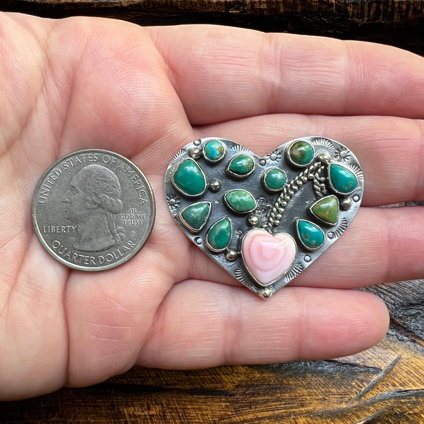 Kingman Turquoise & Queen Conch Heart Ring – Sterling Silver Size 7