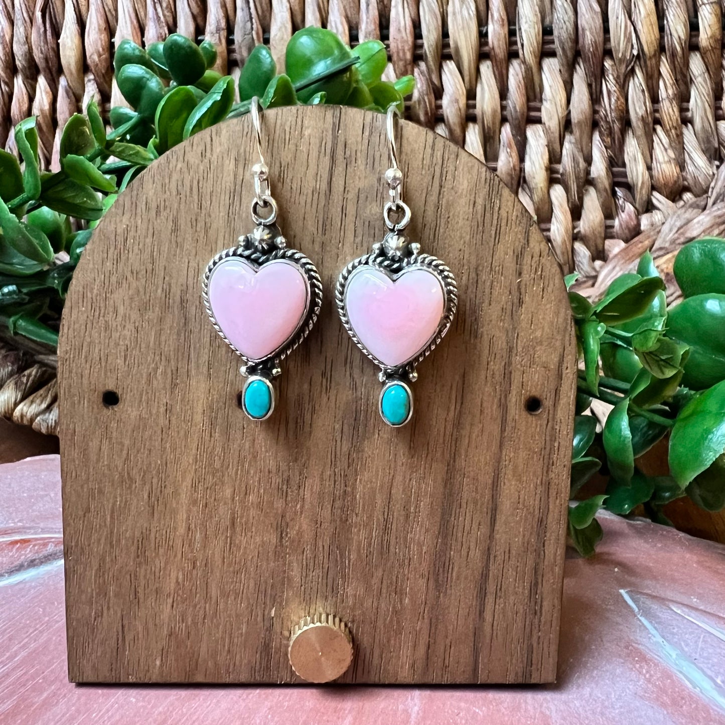 Pink Queen Conch Heart & Turquoise Dangle Earrings – Sterling Silver