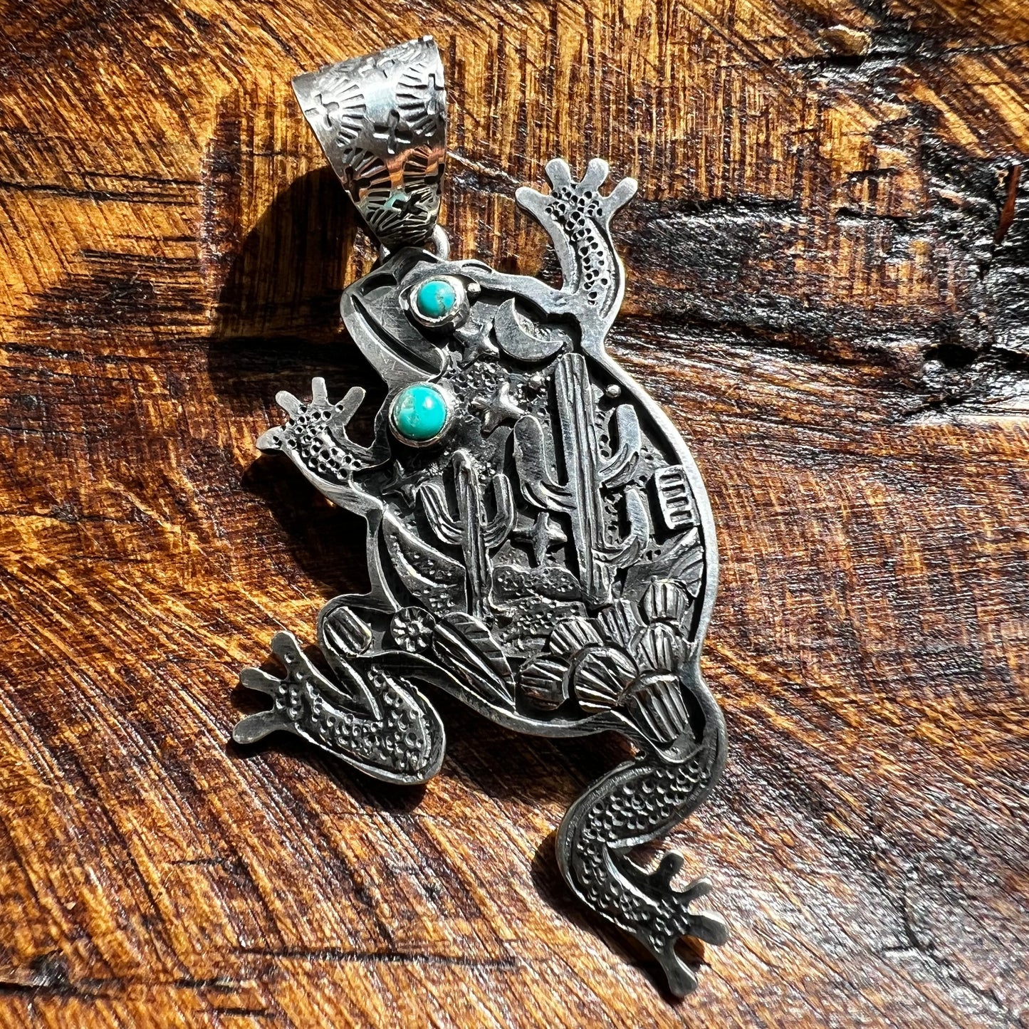 Storyteller Frog Pendant in Sterling Silver with Kingman Turquoise