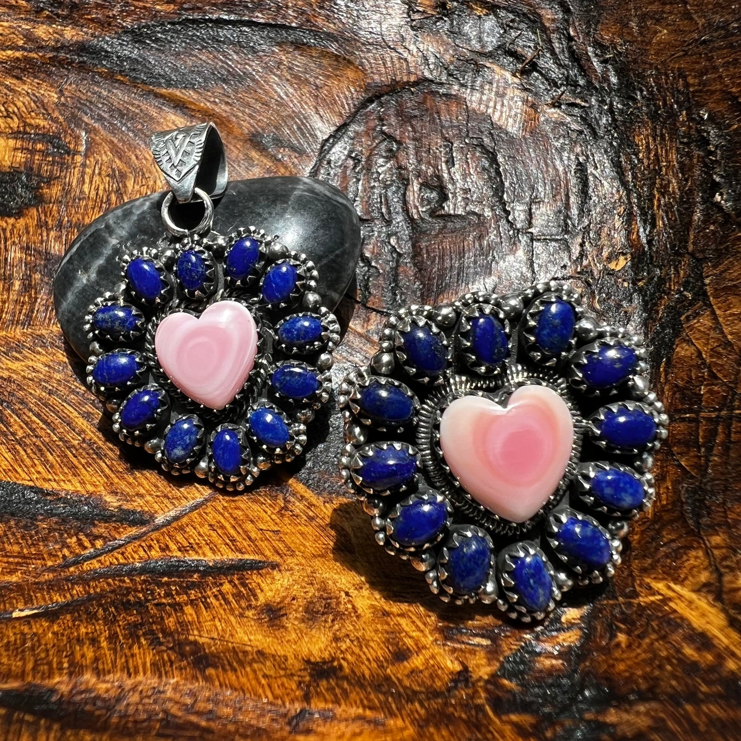 Pink Queen Conch Heart & Lapis Lazuli Statement Ring – Sterling Silver