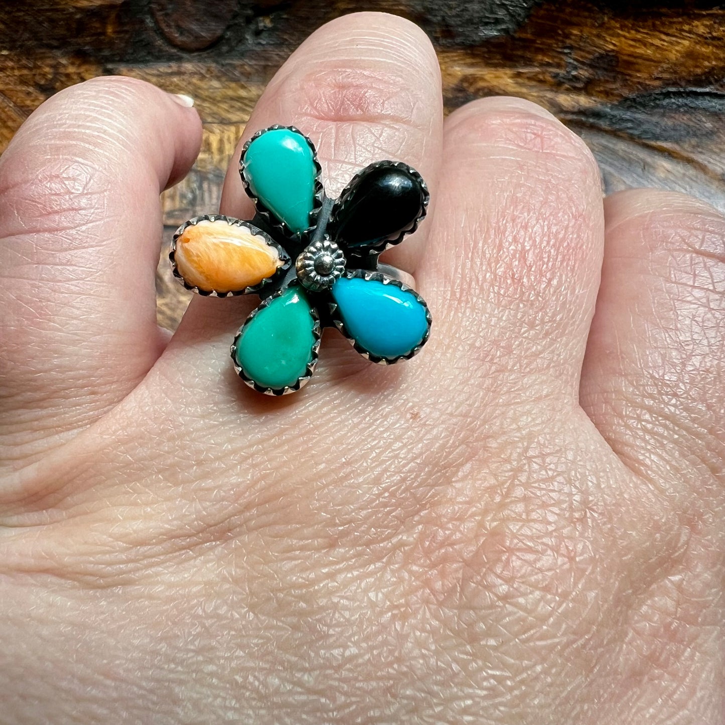 Sterling Silver Multi-Stone Flower Spinner Ring | Southwestern
