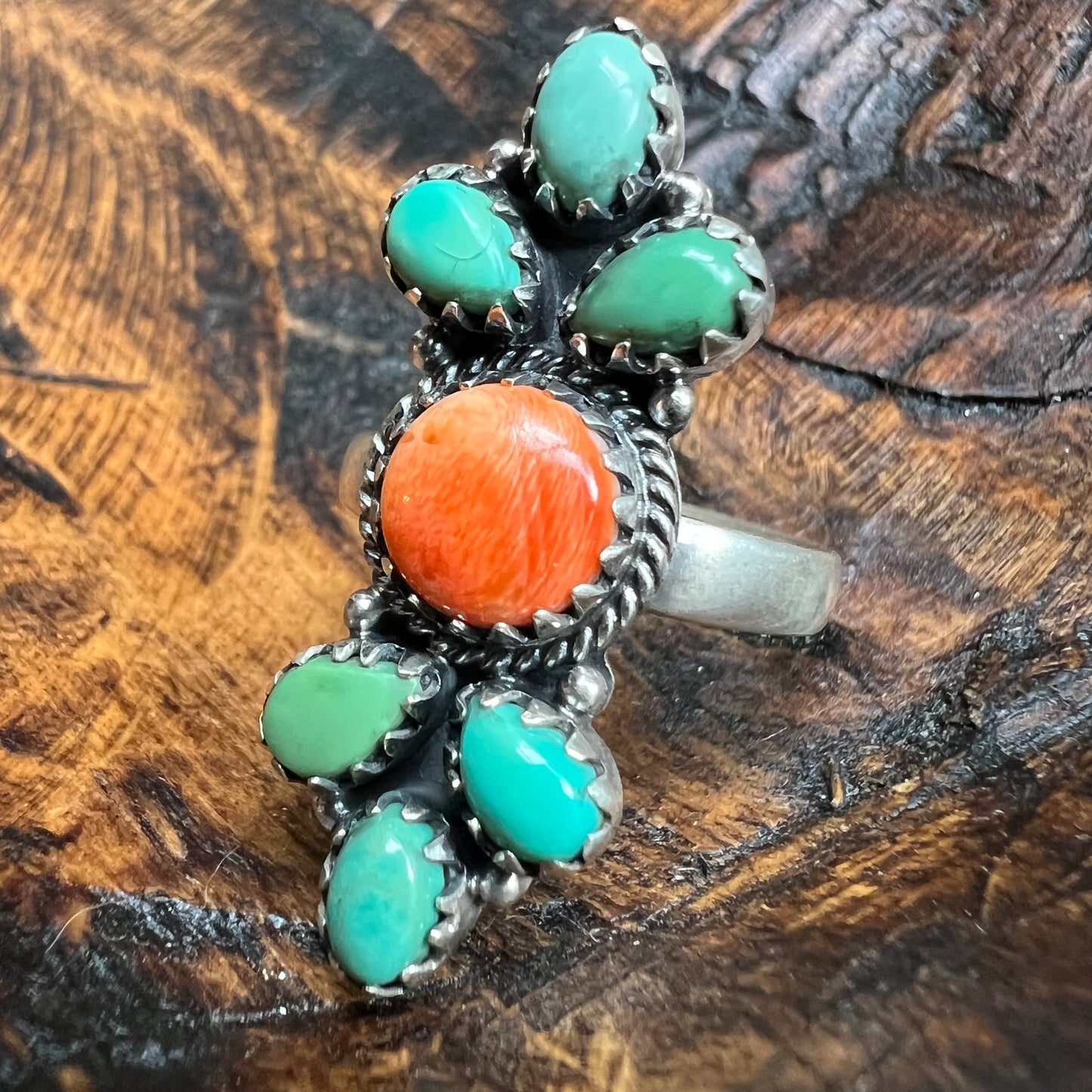 Sterling Silver Spiny Oyster Turquoise Cluster Ring Adjustable Size 9