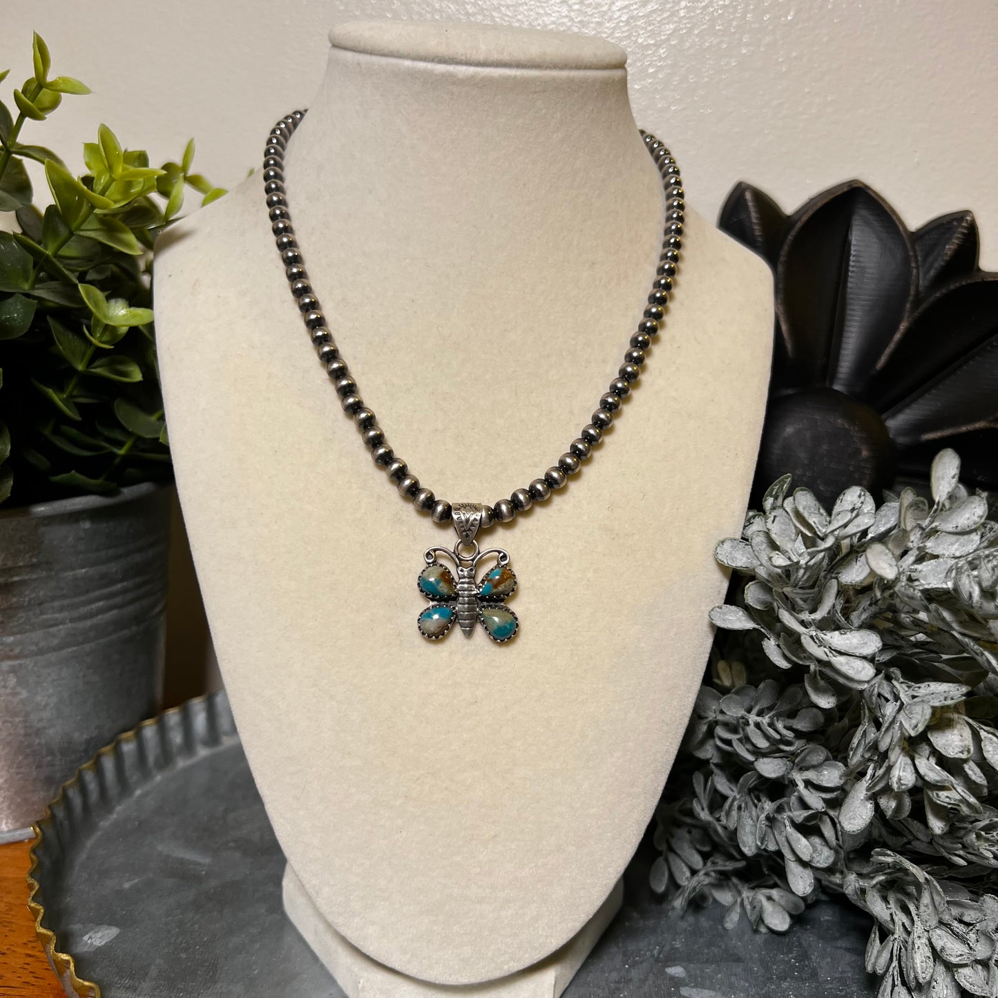 Sterling Silver Ribbon Turquoise Butterfly Pendant