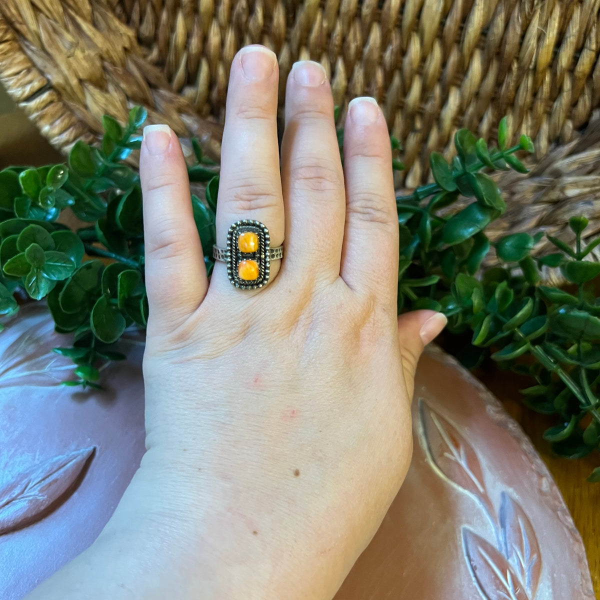Sterling Silver | Spiny Oyster Double Stone Ring Size 9