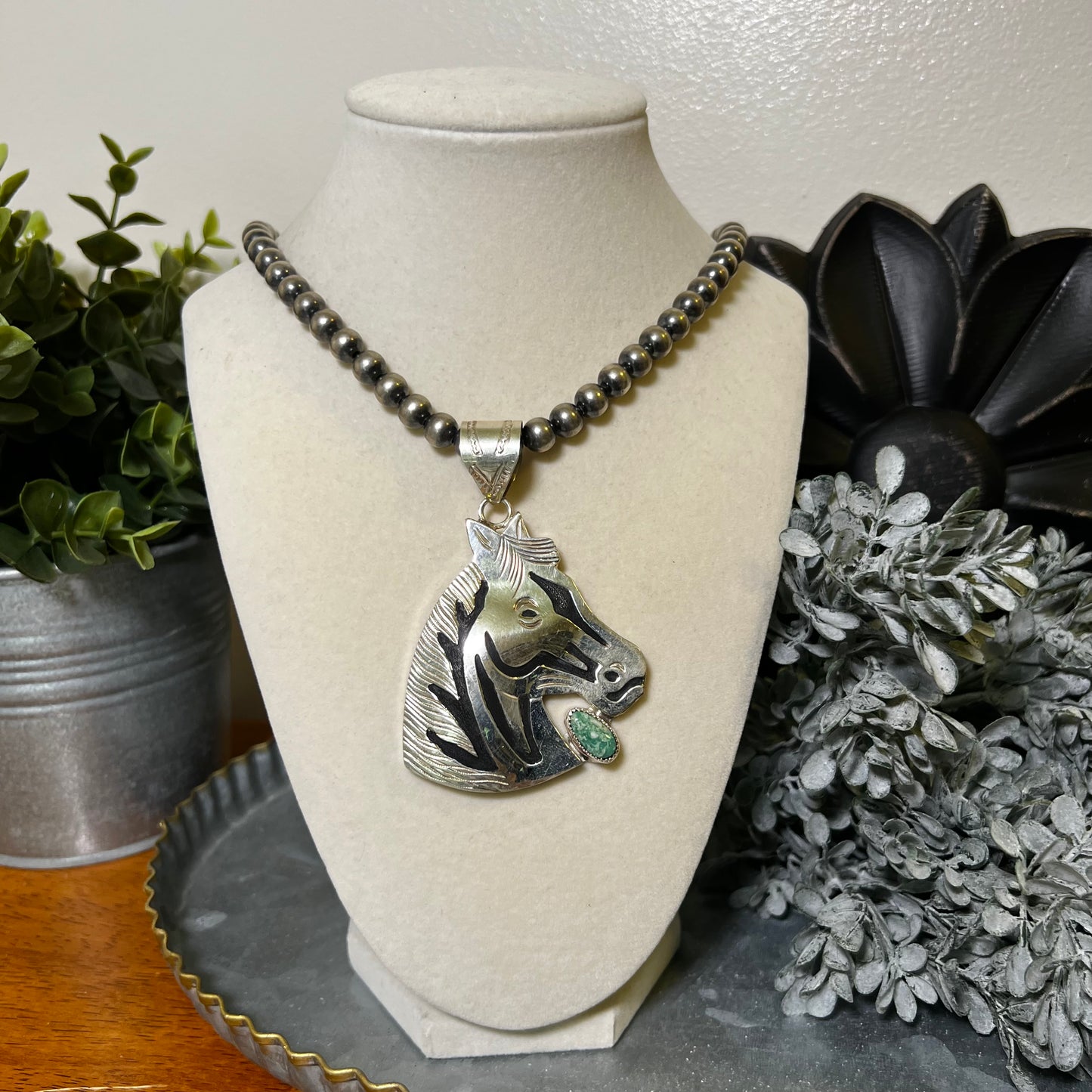 Alonzo Mariano Navajo Sterling Silver Horse Kingman Turquoise Pendant Signed