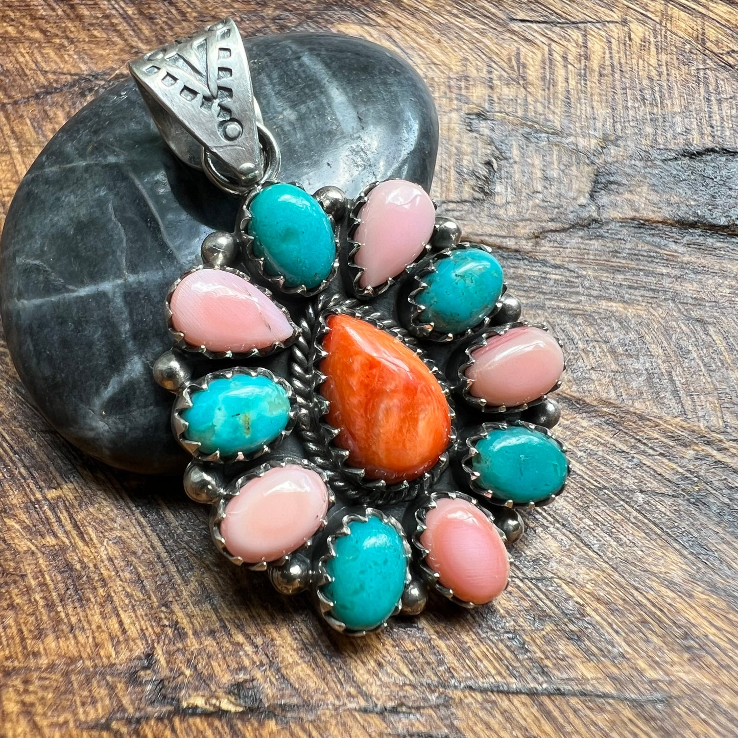 Sterling Kingman Turquoise Queen Conch Spiny Oyster Cluster Pendant
