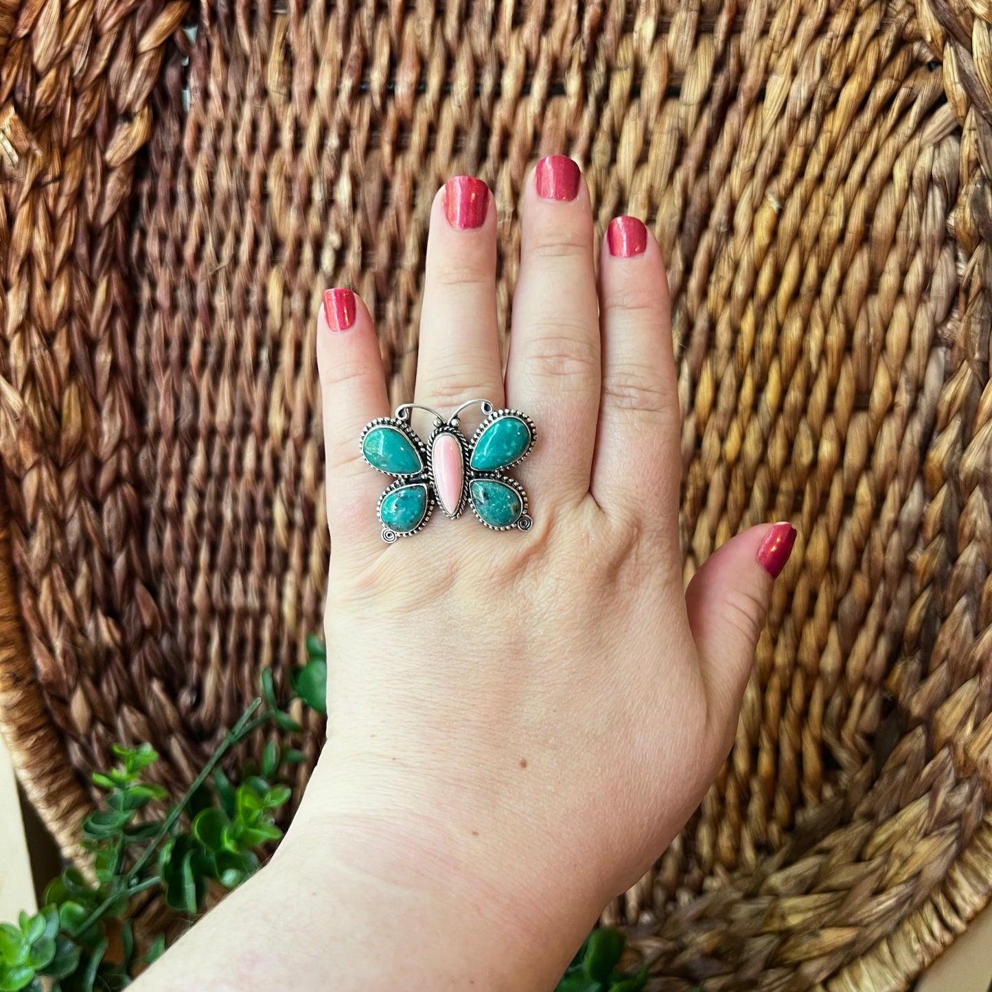 Kingman Turquoise & Pink Conch Butterfly Ring Sterling Silver Size 9