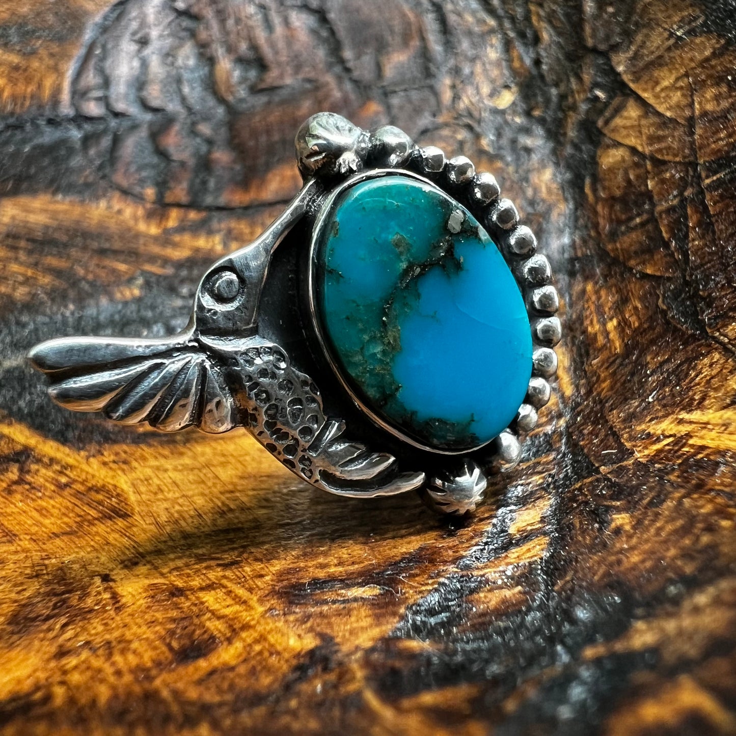 Kingman Turquoise Hummingbird Sterling Silver Ring – Size 9.5