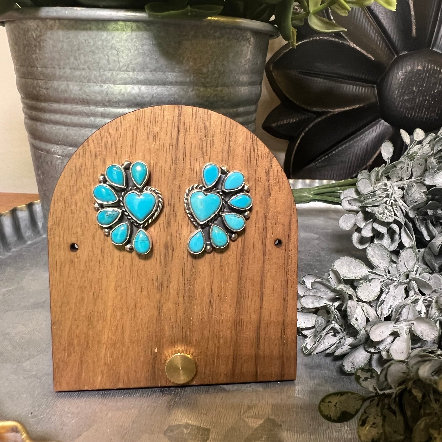 Kingman Turquoise Heart Half Cluster Stud Earrings Sterling Silver