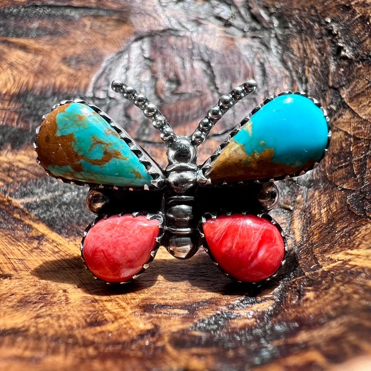 Kingman Turquoise & Spiny Oyster Butterfly Ring – Sterling Silver Statement (Size 9)