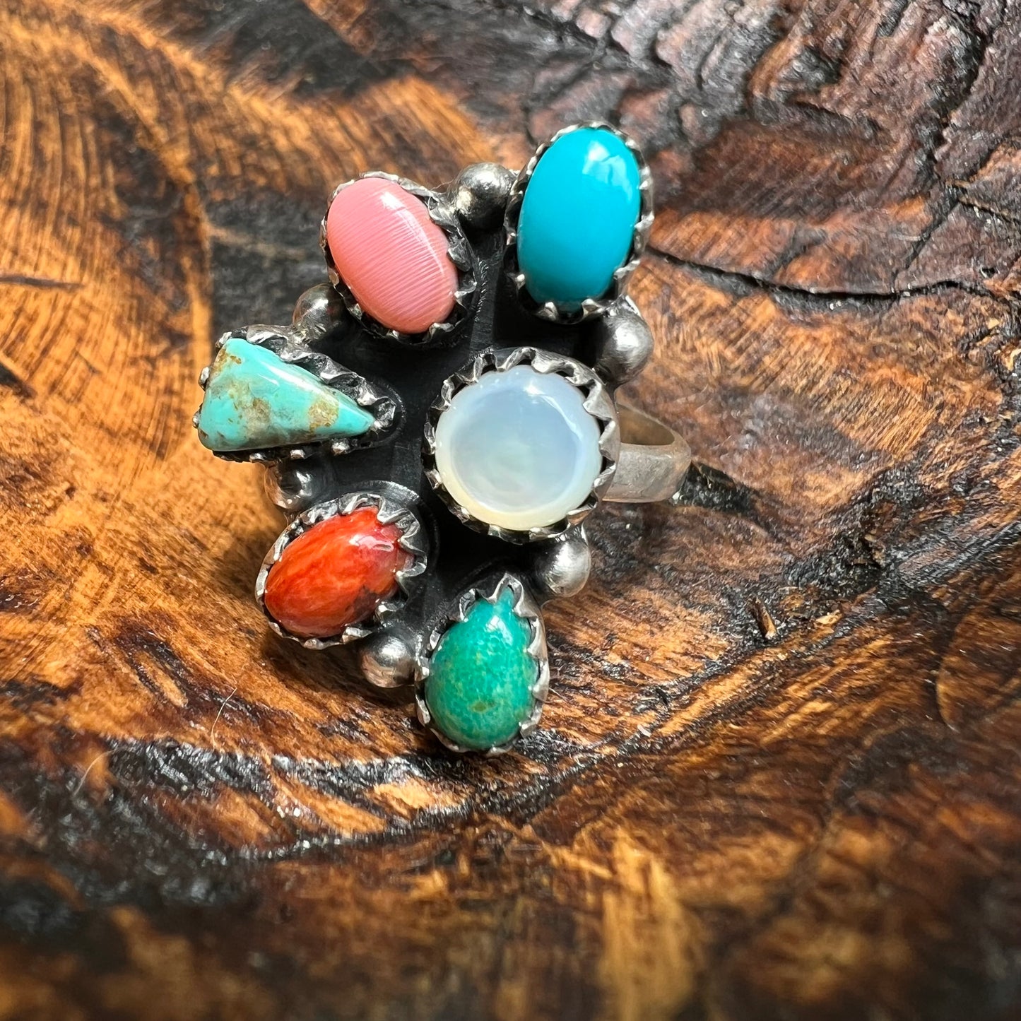 Sterling Silver Kingman Turquoise Spiny Oyster Conch Multi Stone Ring Sz 9 (Adjustable)
