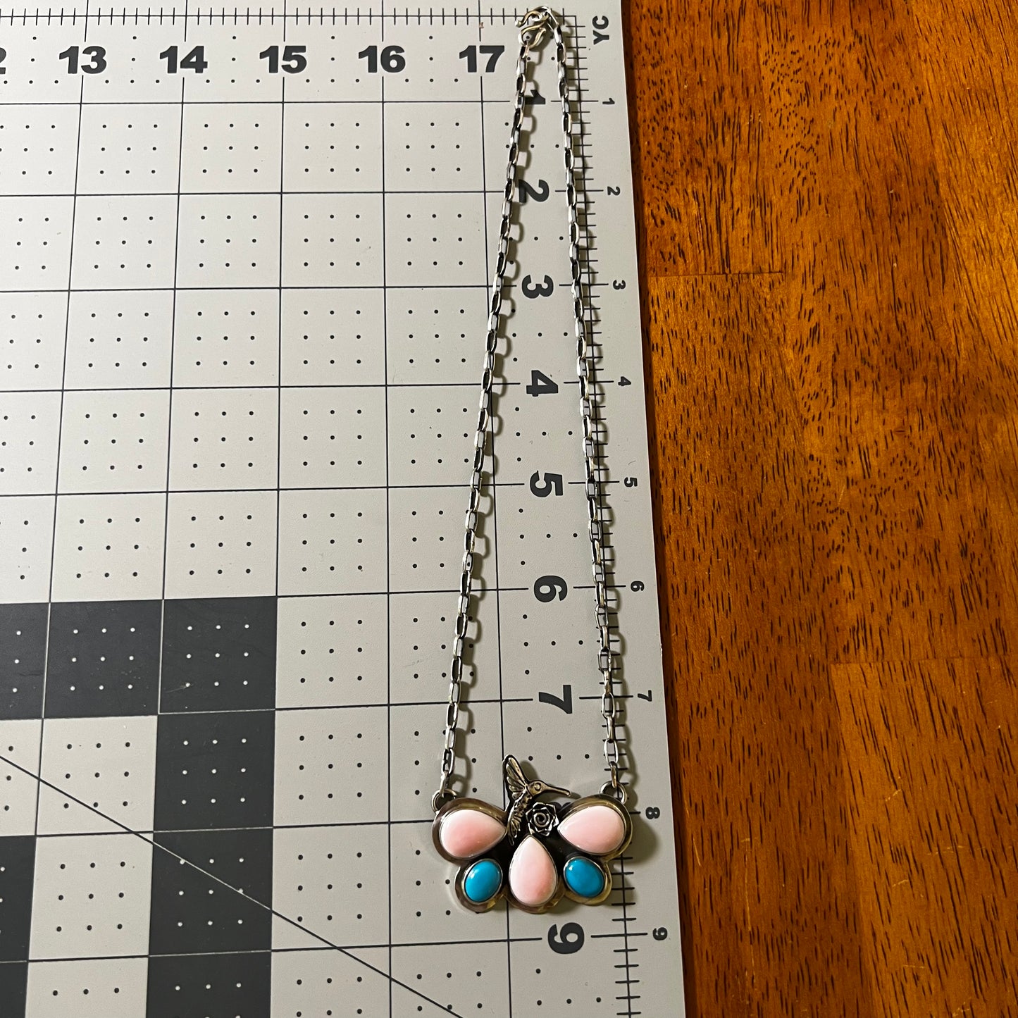Pink Conch, Turquoise & Sterling Silver Hummingbird Necklace