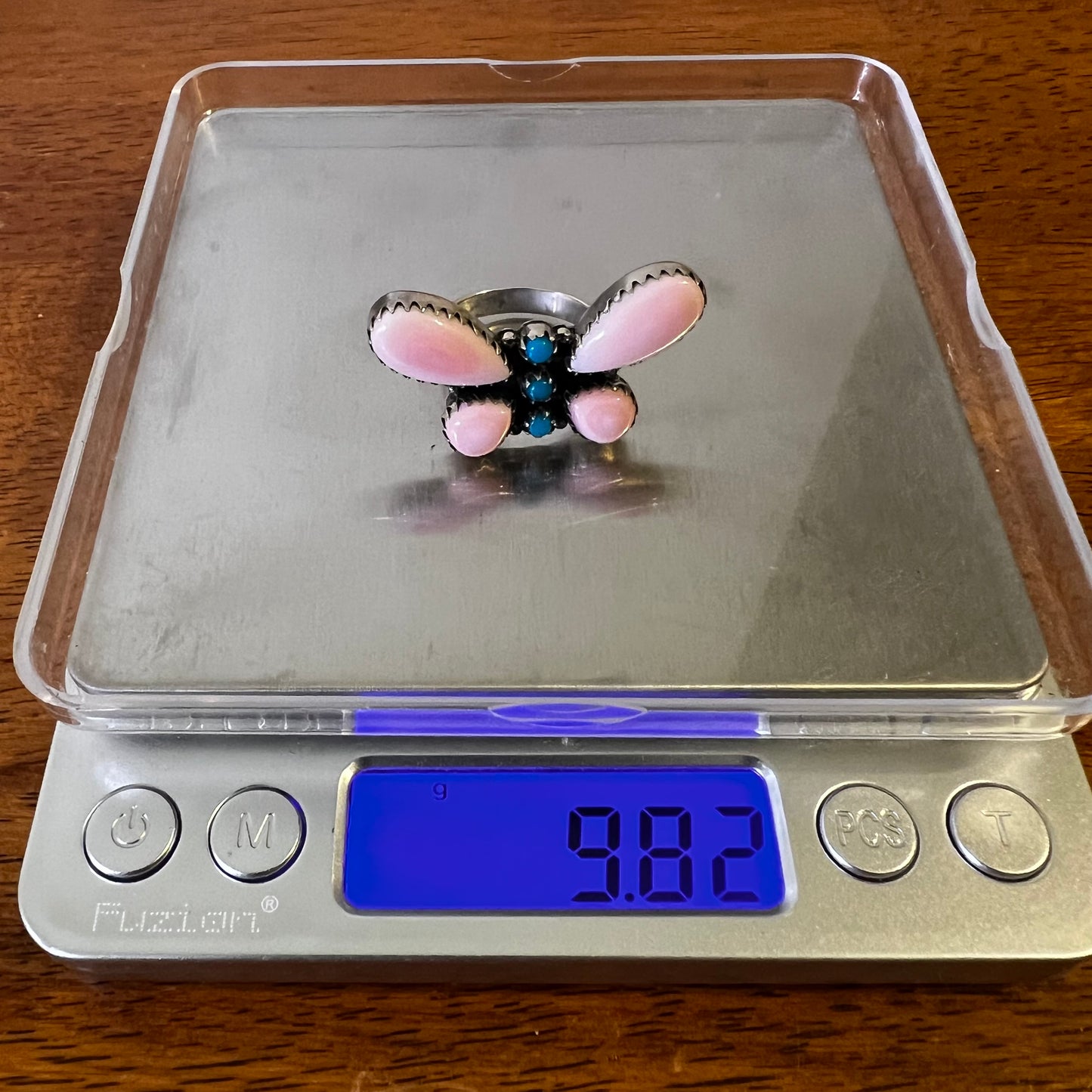 Pink Queen Conch & Kingman Turquoise Butterfly Statement Ring – Size 8