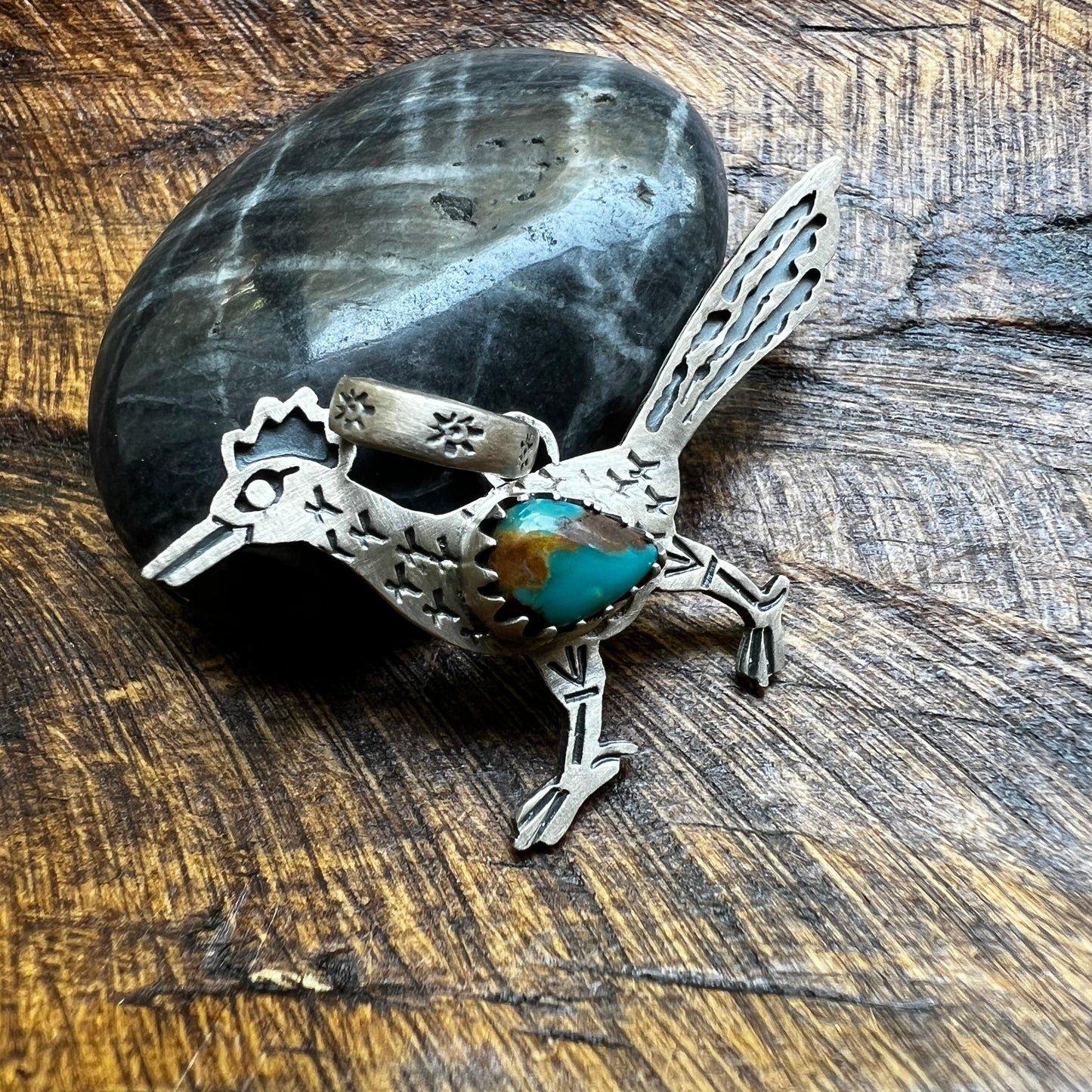 Southwestern Sterling Silver Roadrunner Turquoise Pendant