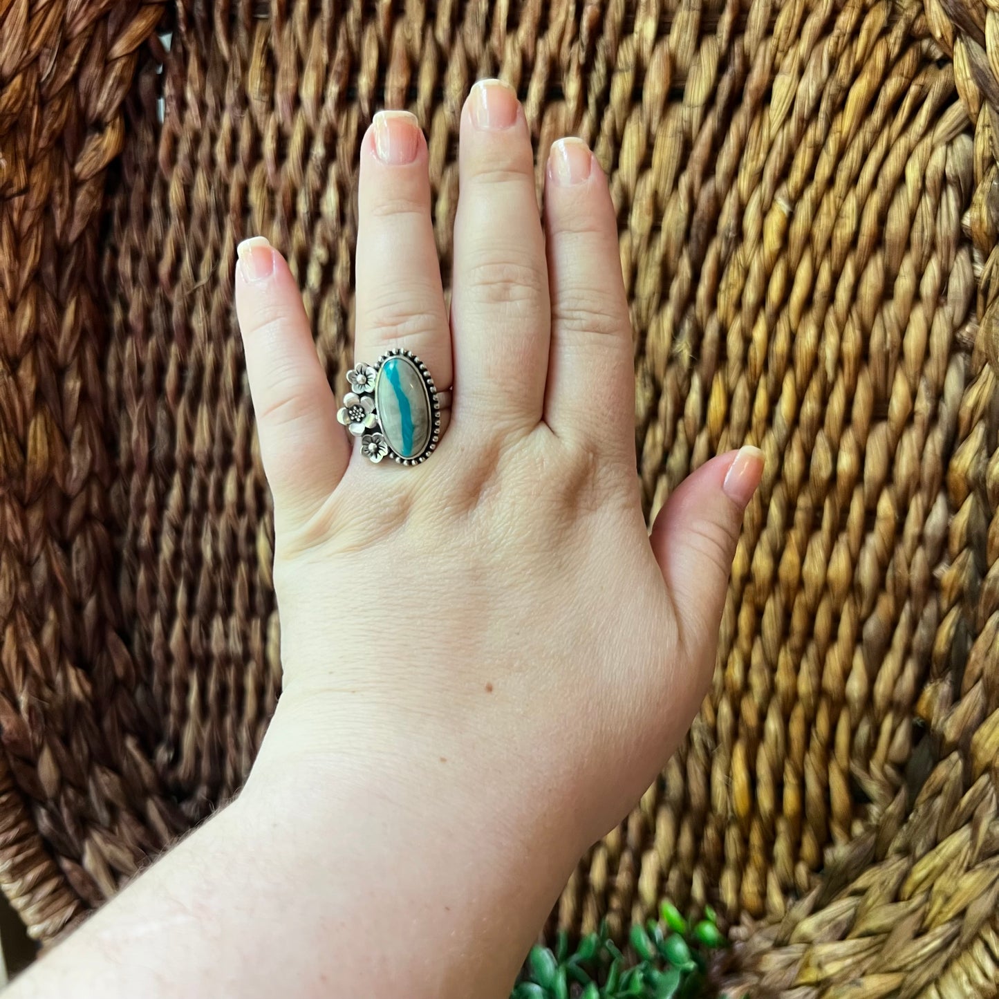 Ribbon Turquoise Floral Sterling Silver Statement Ring – Adjustable Size 9