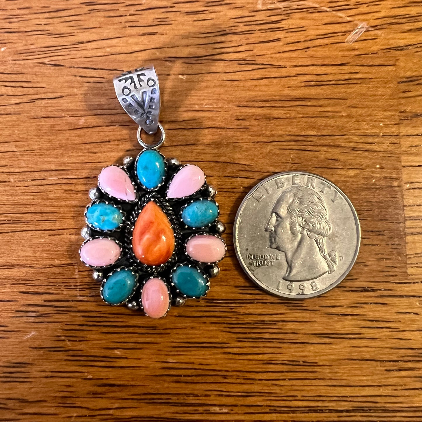 Sterling Kingman Turquoise Queen Conch Spiny Oyster Cluster Pendant