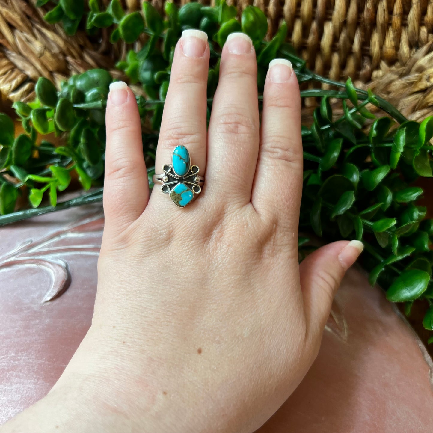 Sterling Silver & Kingman Turquoise Double Stone Ring | Size 9