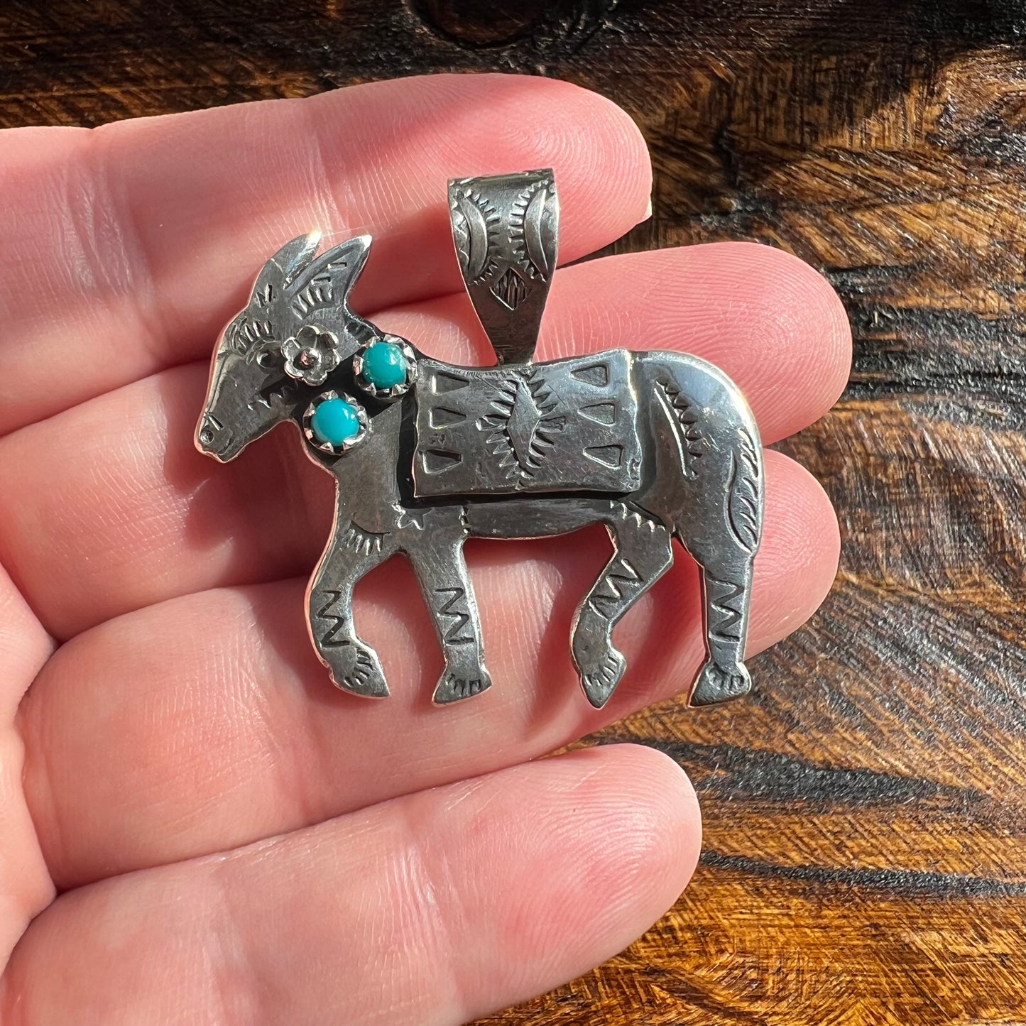 Handmade Sterling Silver Kingman Turquoise Donkey Pendant
