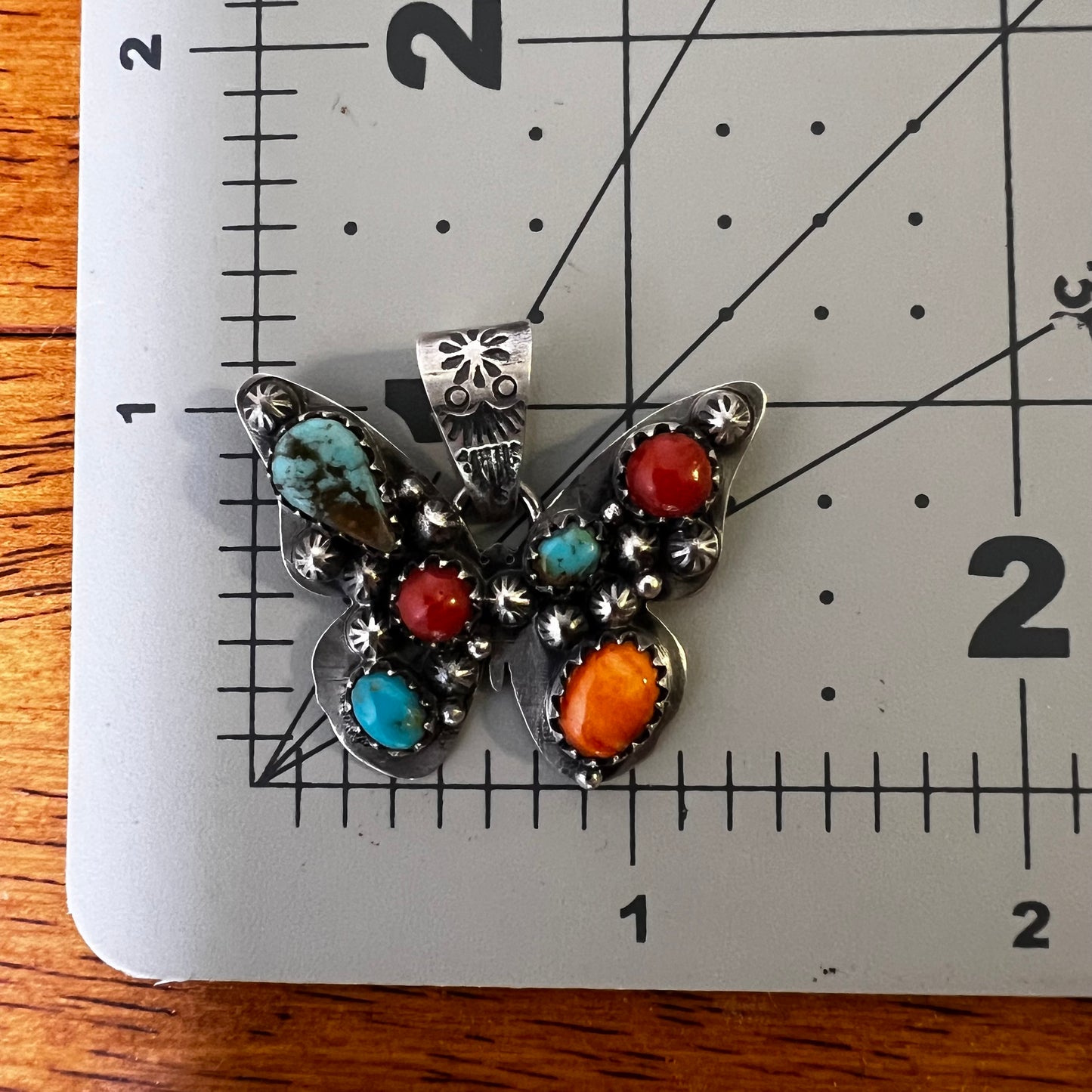 Sterling Silver Multi-Stone Butterfly Pendant – Kingman Turquoise, Italian Red Coral & Spiny Oyster