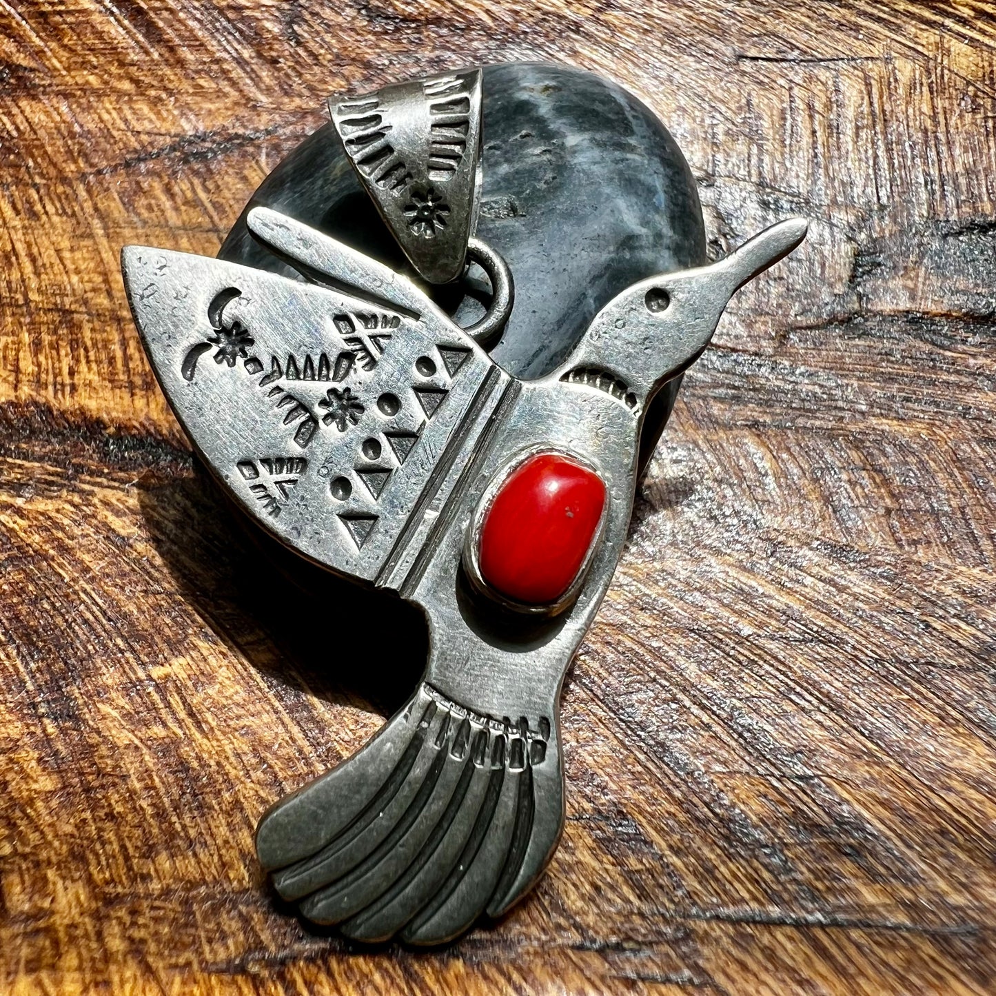 Sterling Silver & Italian Red Coral Hummingbird Pendant