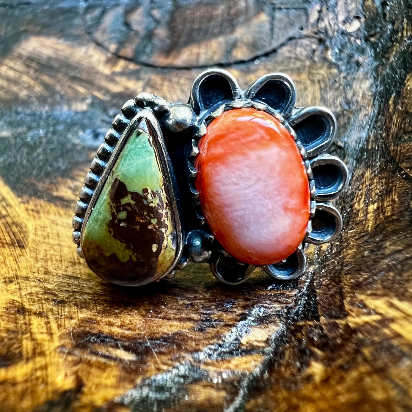 Kingman Turquoise & Spiny Oyster Ring – Sterling Silver Size 7