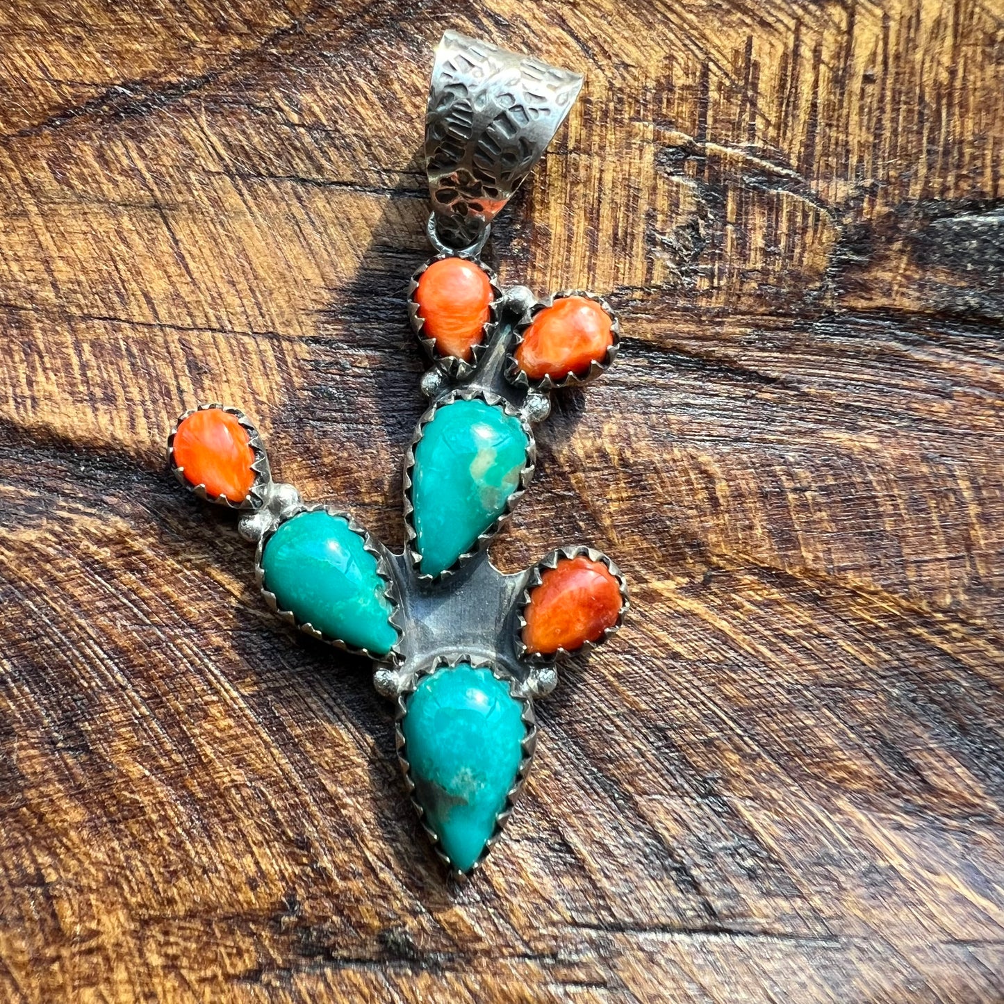 Southwestern Sterling Silver Turquoise & Spiny Oyster Cactus Pendant