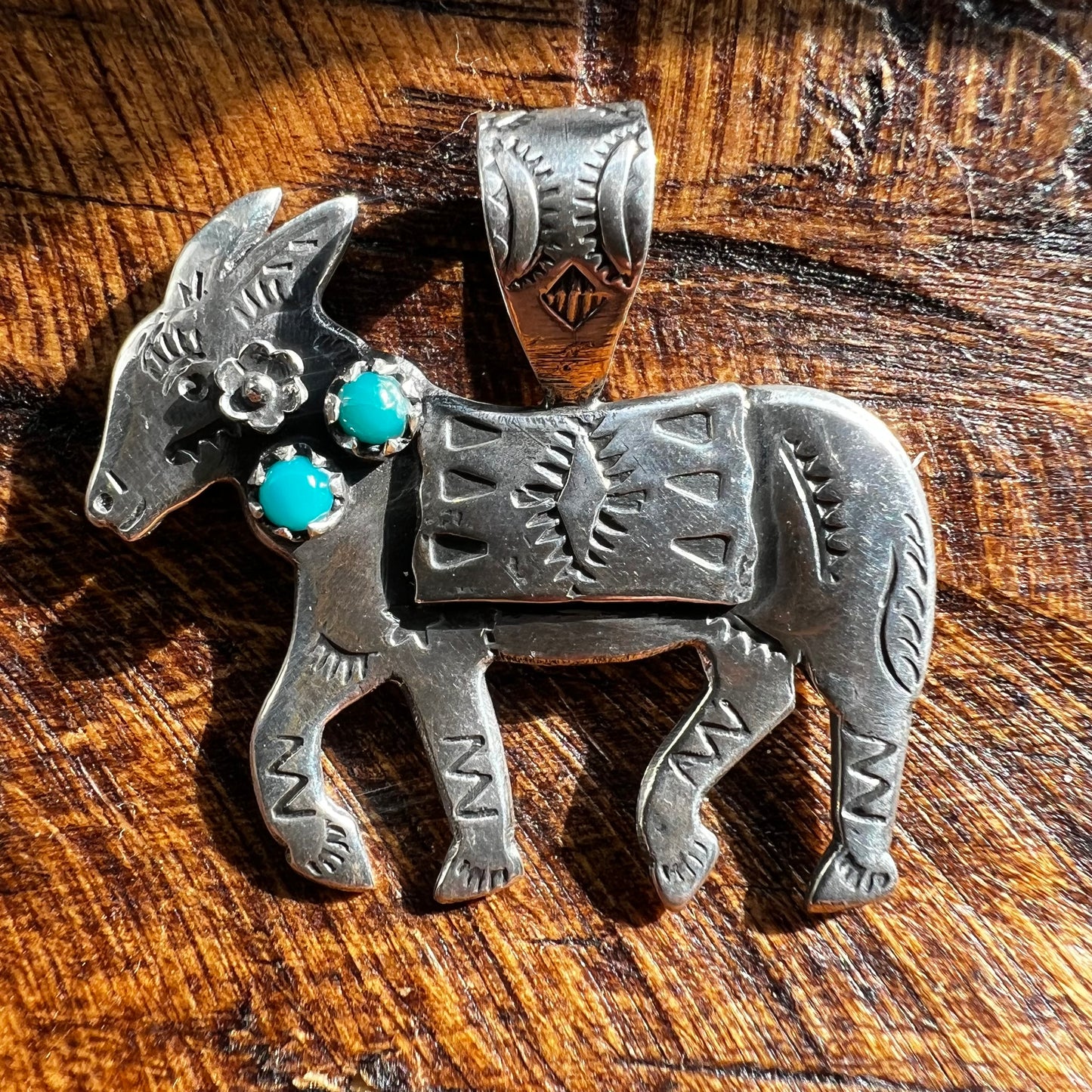 Handmade Sterling Silver Kingman Turquoise Donkey Pendant