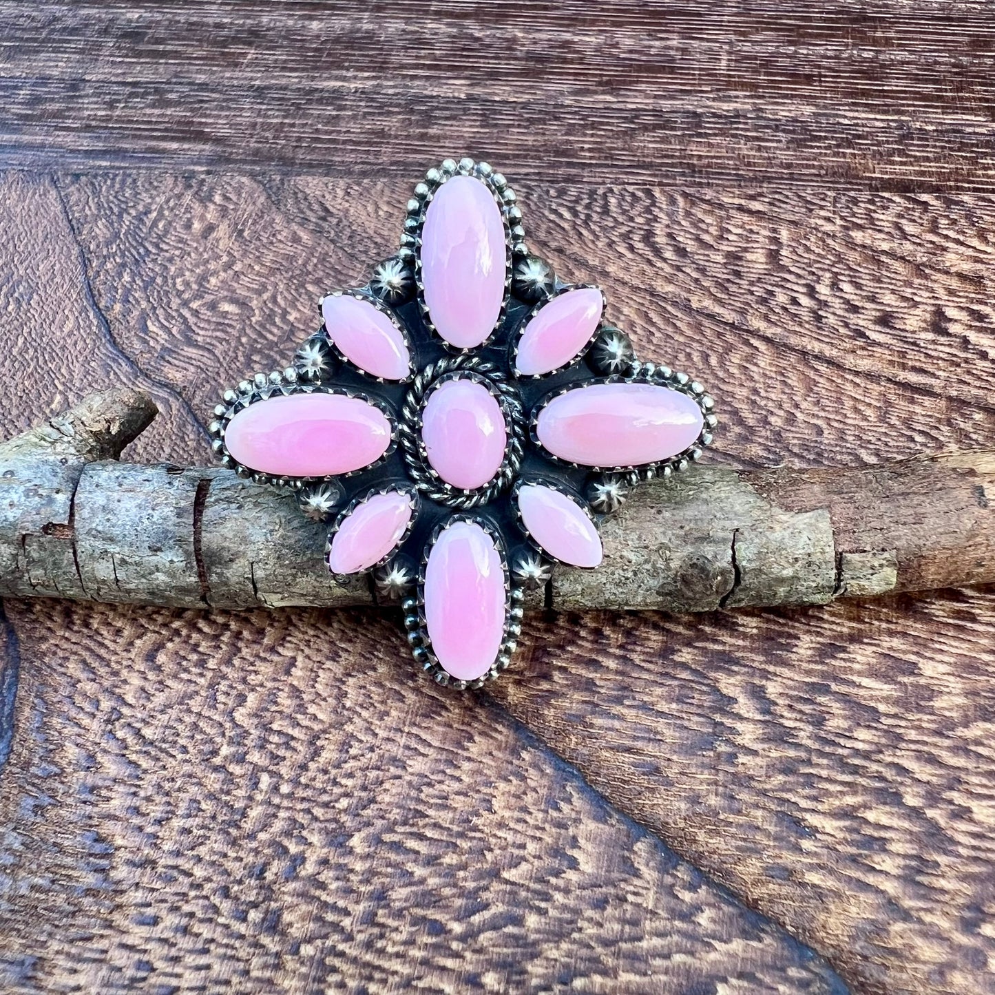 Blush Conch Floral Cluster Ring – Handcrafted Sterling Statement