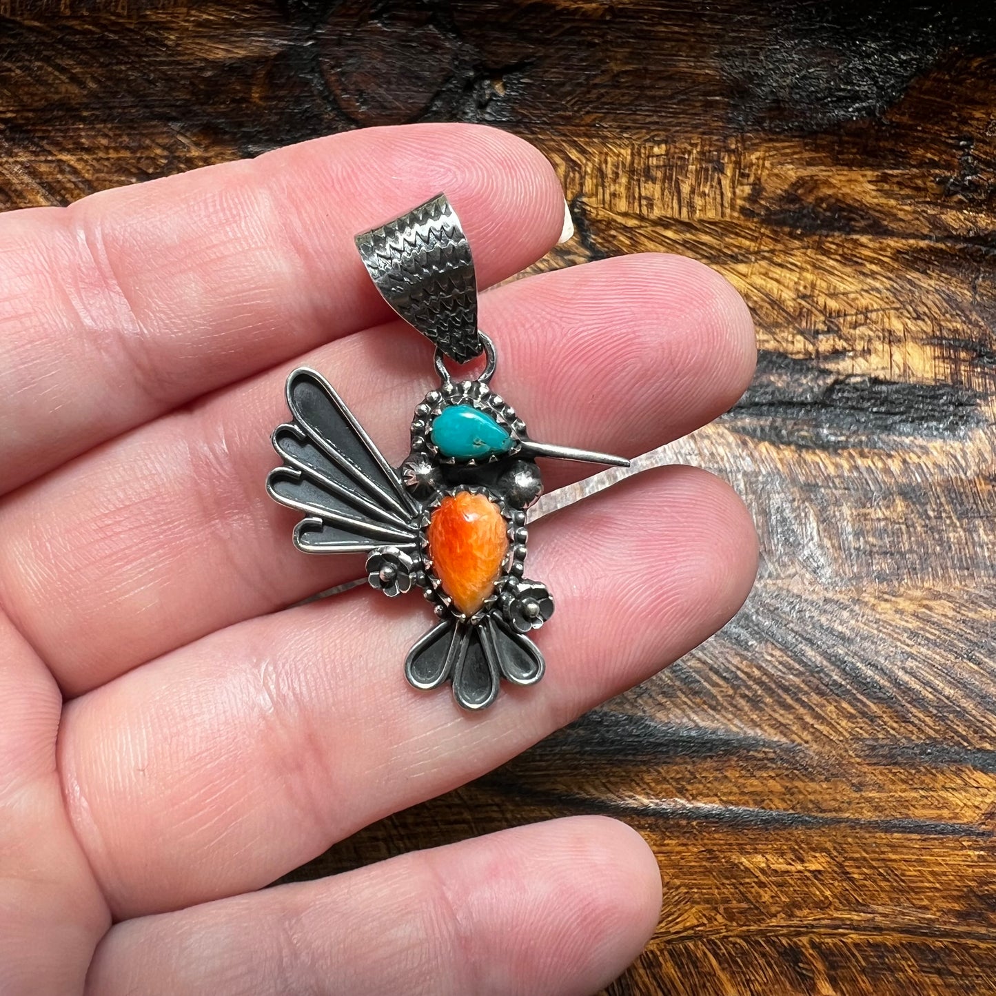 Turquoise & Spiny Oyster Hummingbird Sterling Silver Pendant