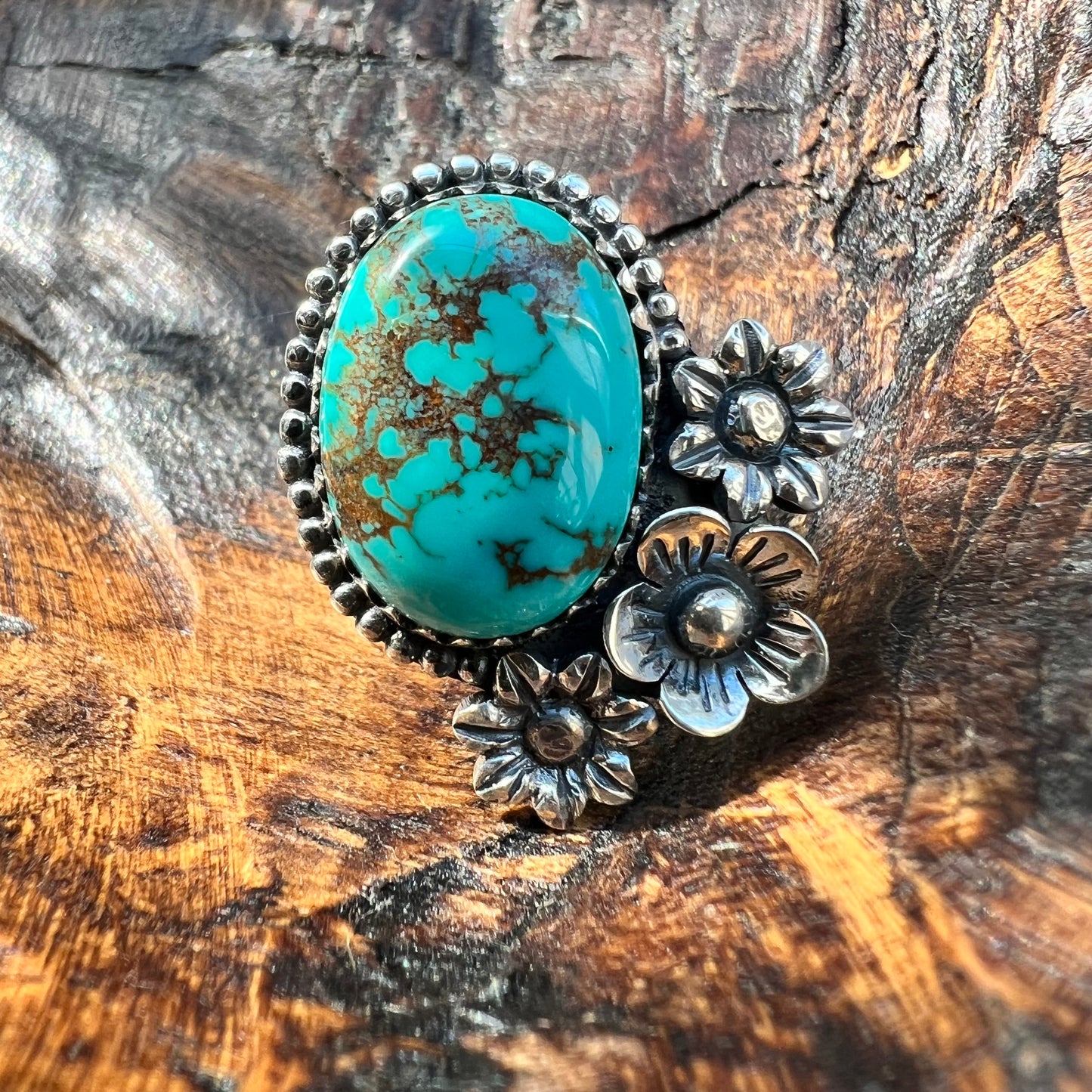 Kingman Turquoise Floral Statement Ring in Solid Sterling Silver