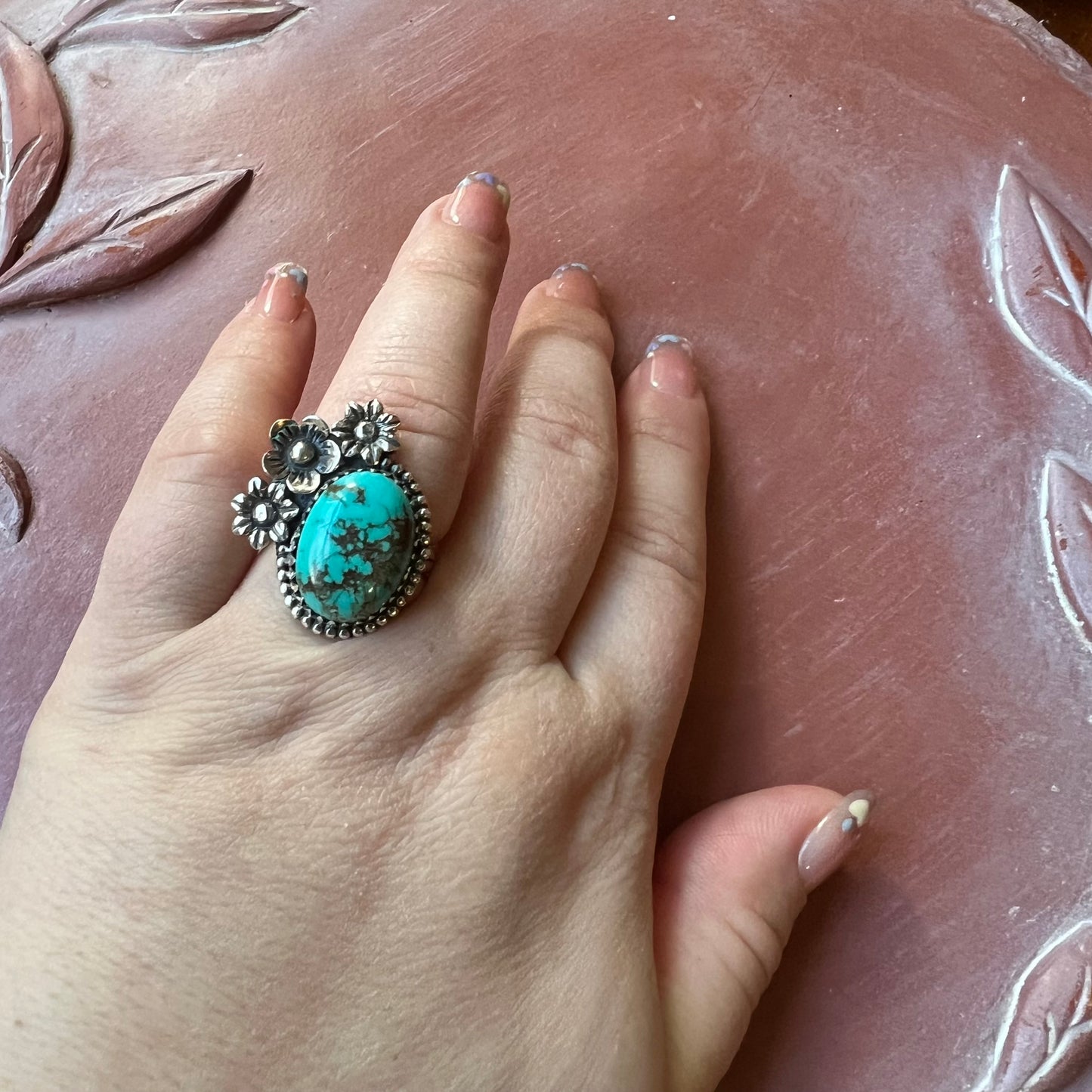 Kingman Turquoise Floral Statement Ring in Solid Sterling Silver