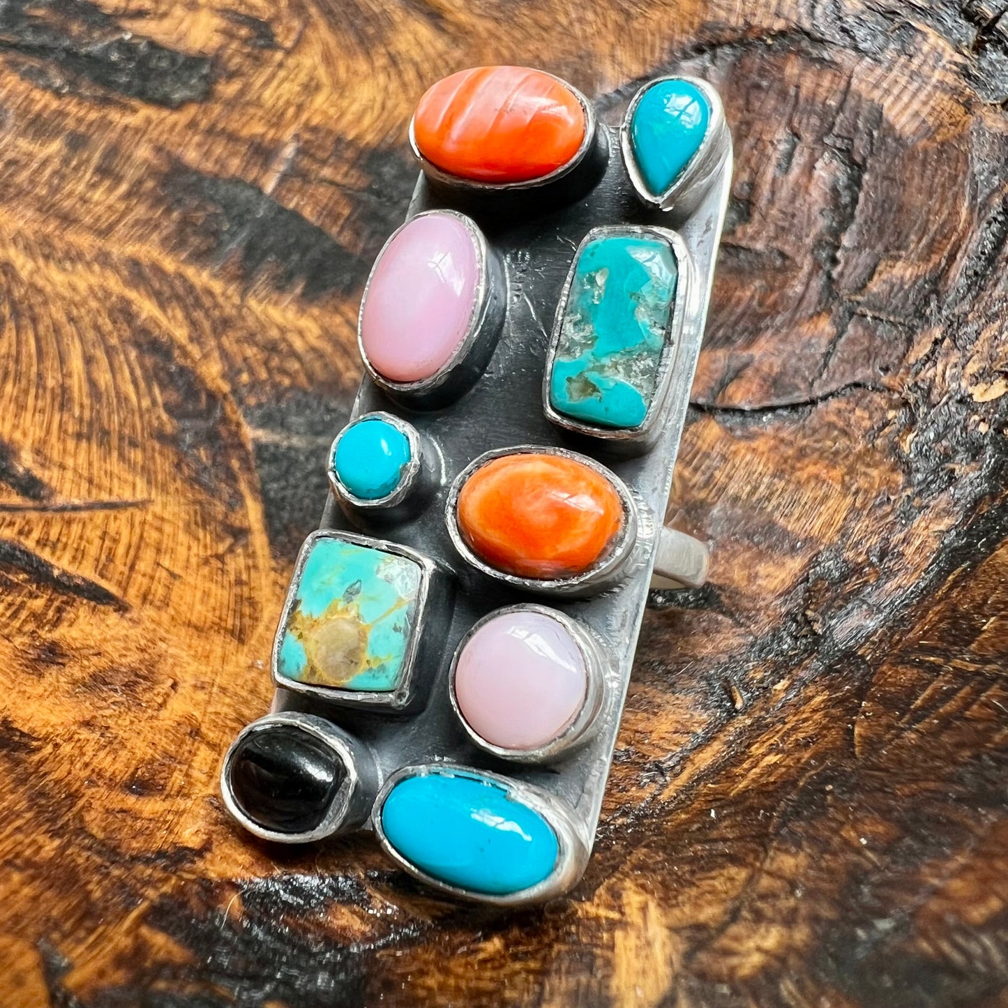 Sterling Silver Multi-Stone Statement Ring | Kingman Turquoise, Queen Conch, Spiny Oyster & Black Onyx