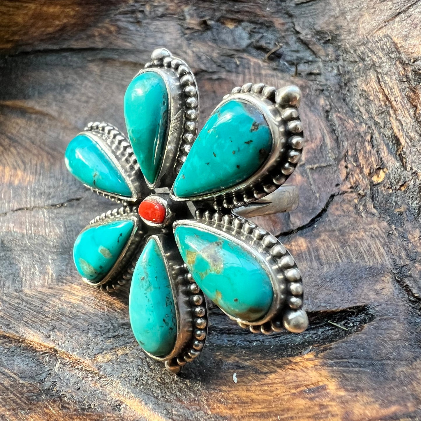 Kingman Turquoise Flower Ring with Italian Red Coral Center | Sterling Silver Statement Ring Size 9