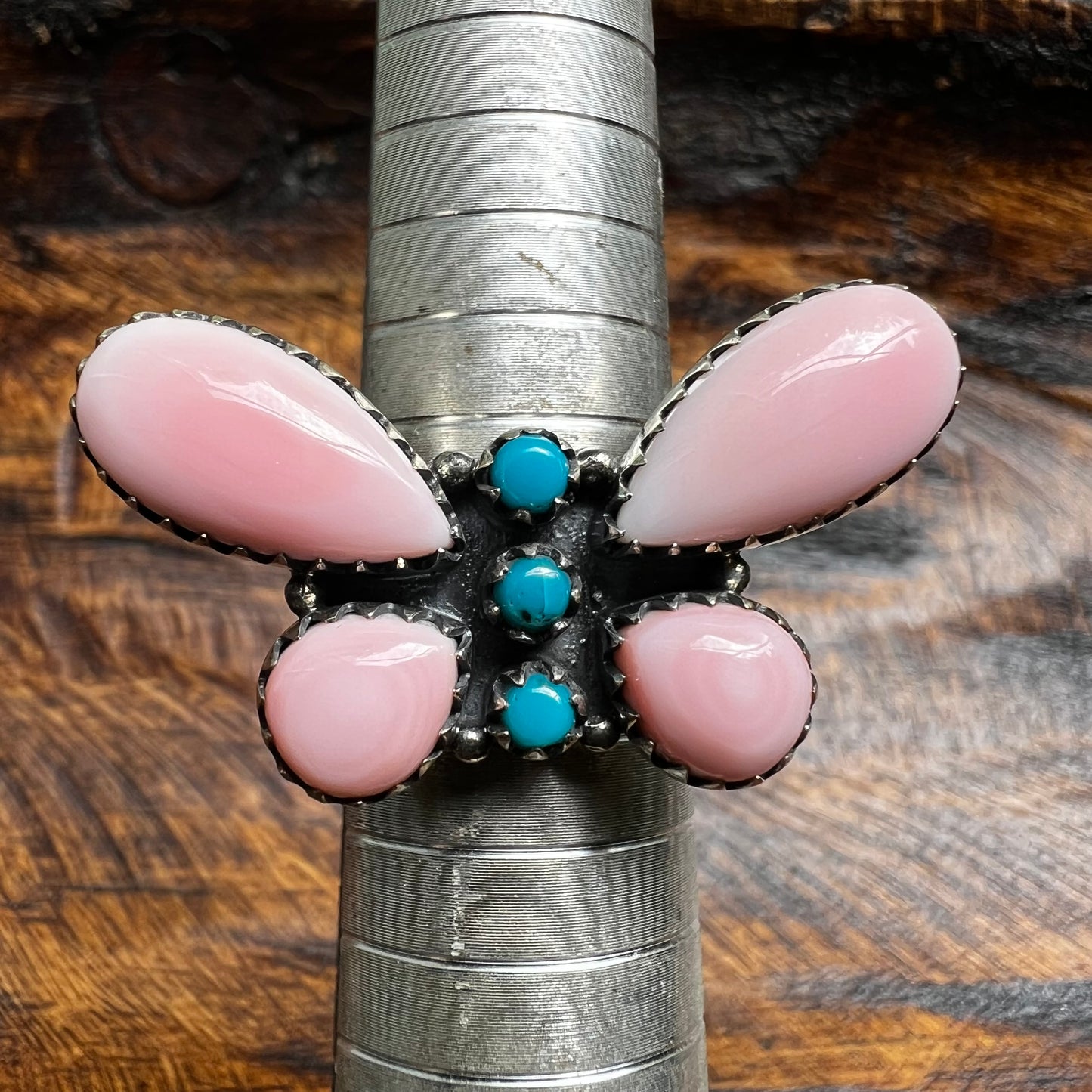 Pink Queen Conch & Kingman Turquoise Butterfly Statement Ring – Size 8