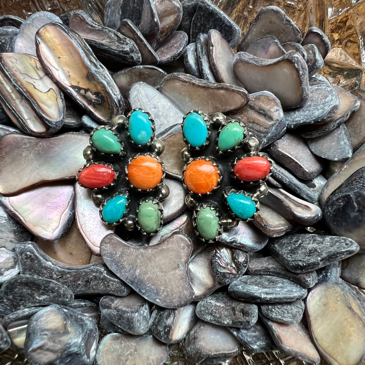 Sterling Silver Kingman Turquoise Spiny Oyster Half Cluster Earrings