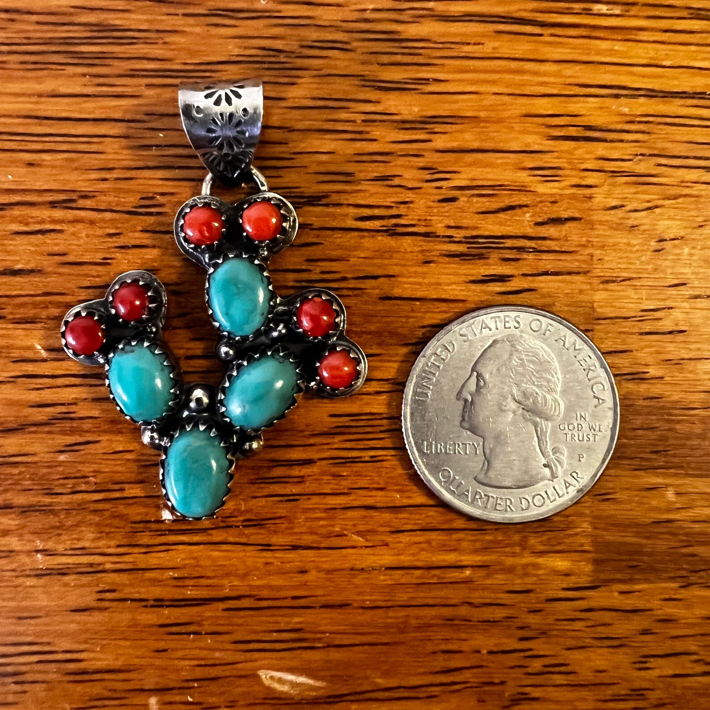 Kingman Turquoise & Coral Cactus Sterling Silver Pendant