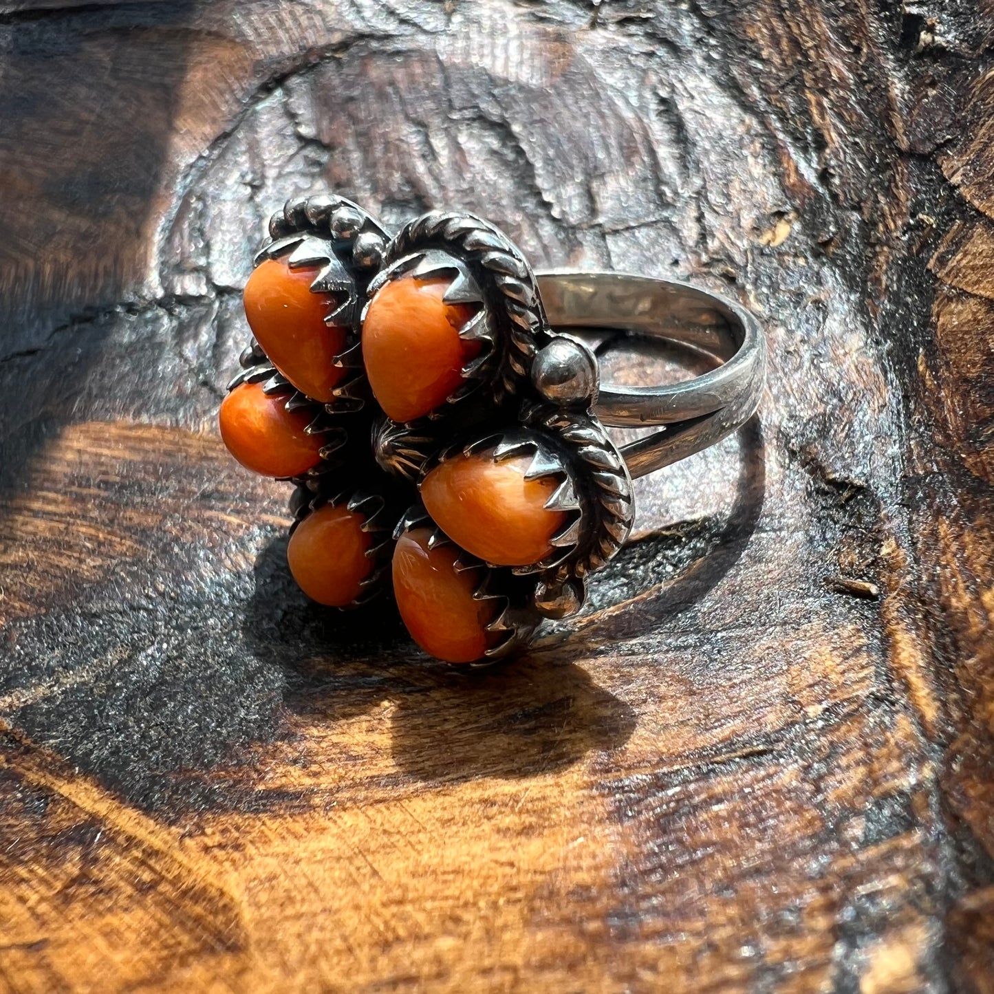 Spiny Oyster Floral Cluster Ring in Sterling Silver