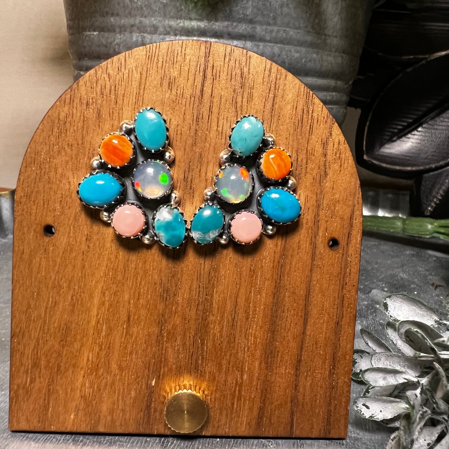 Kingman Turquoise, Ethiopian Opal & Queen Conch Half Cluster Earrings | Sterling Silver