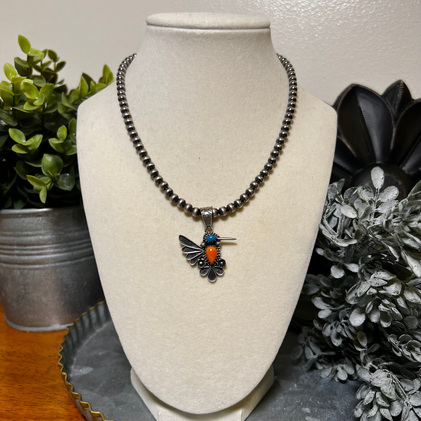 Sterling Silver Kingman Turquoise & Spiny Oyster Hummingbird Pendant