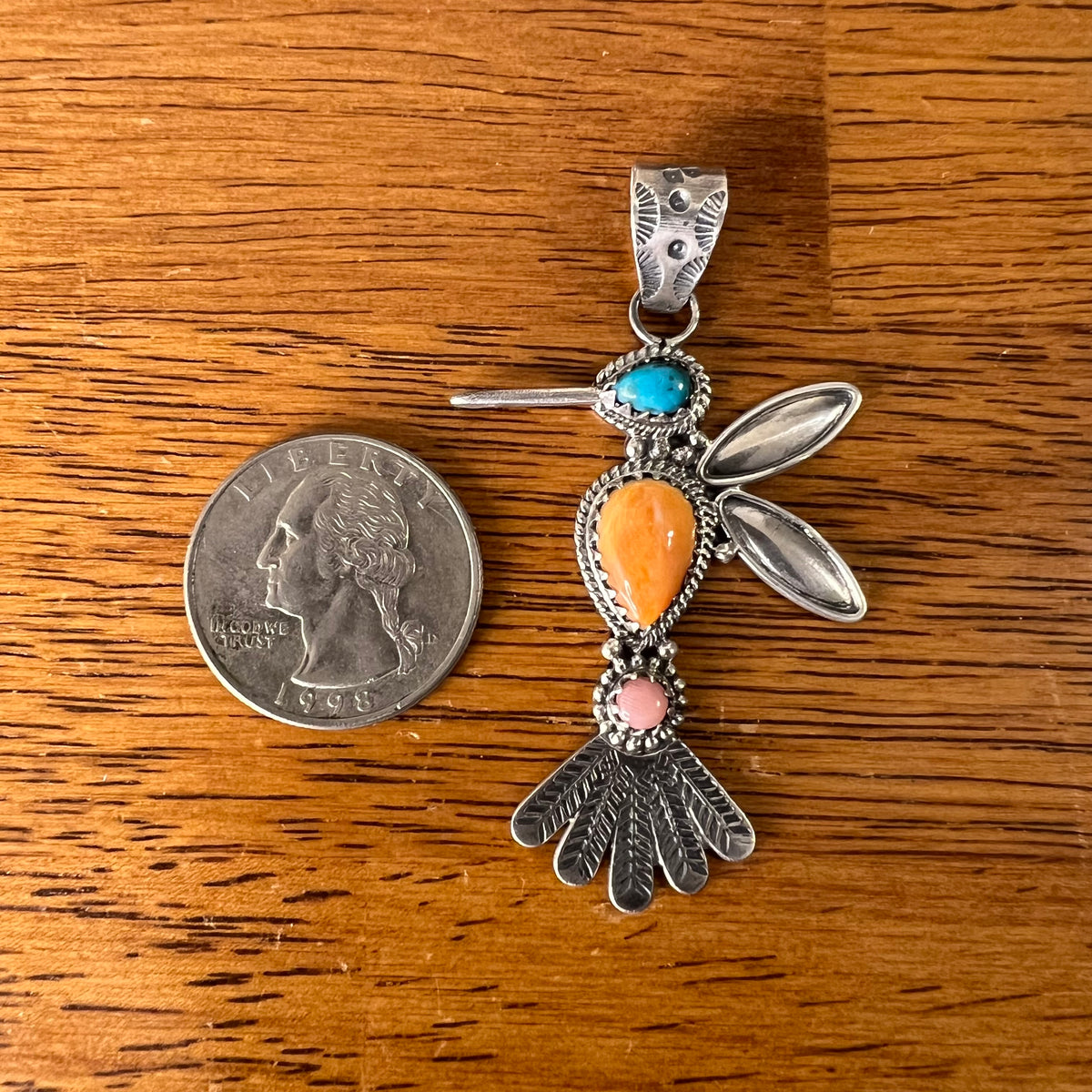 Sterling Silver Multi-Stone Hummingbird Pendant | Turquoise or Spiny Oyster