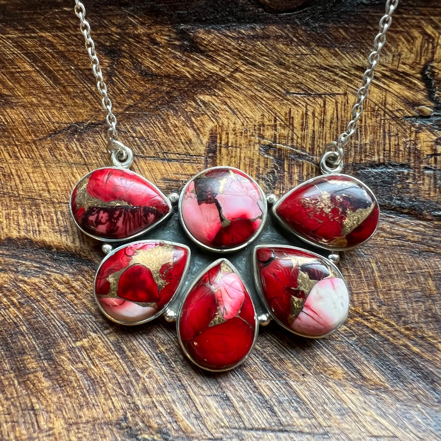 Sterling Silver Red Dahlia Statement Cluster Pendant Necklace