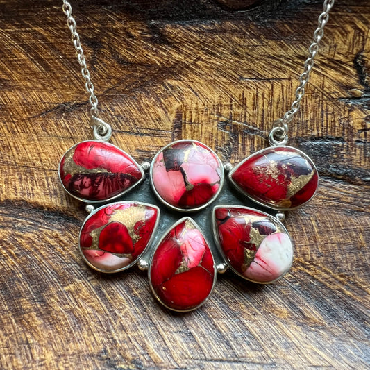 Sterling Silver Red Dahlia Statement Cluster Pendant Necklace