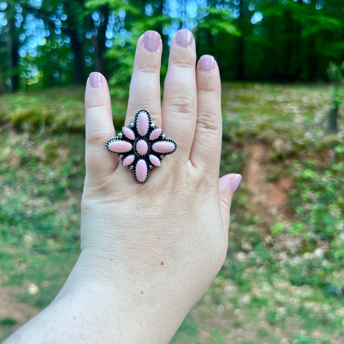 Blush Conch Floral Cluster Ring – Handcrafted Sterling Statement