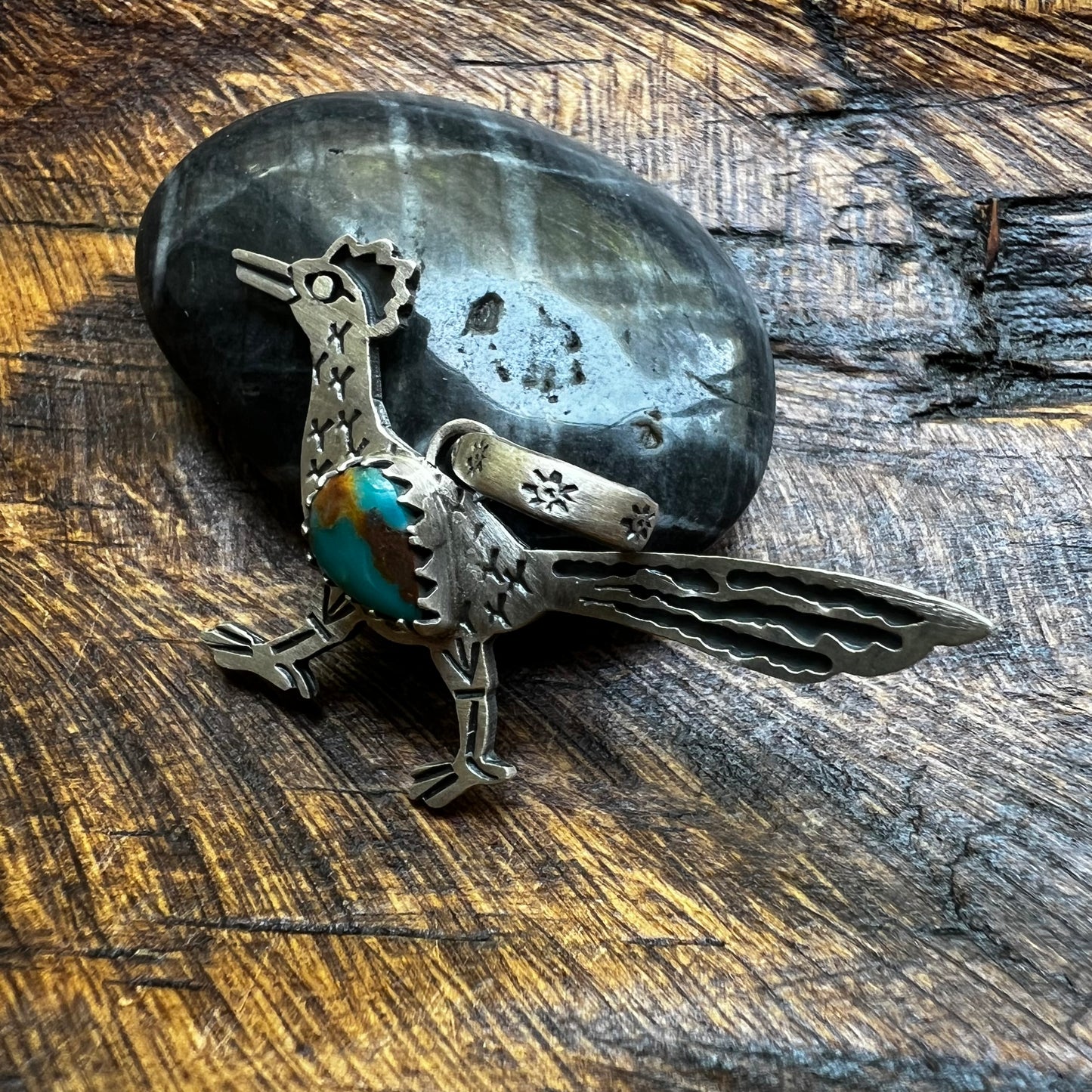 Southwestern Sterling Silver Roadrunner Turquoise Pendant